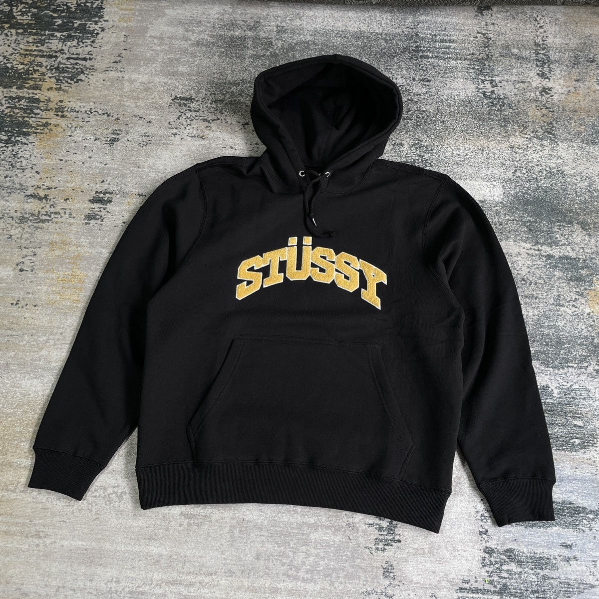 image of Stussy Arch Chenille Applique Hoodie in Black, Men's (Size Large)