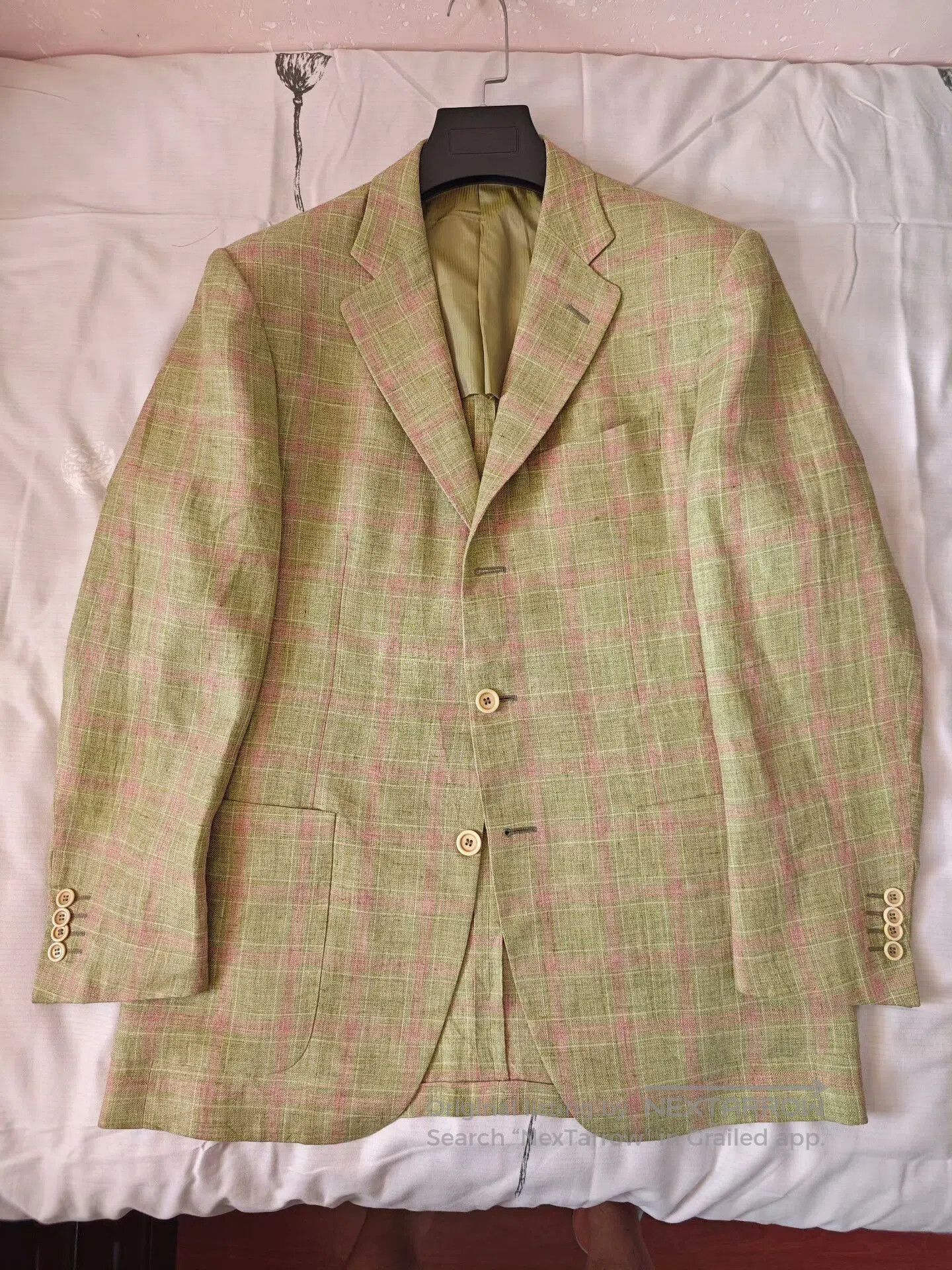 Pal Zileri Italian Green Linen Blazer with Pink Check. Size US M / EU 48-50 / 2 - 5 Thumbnail