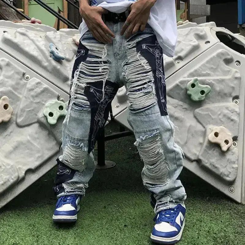 Spring Autumn Men's Pants Scraped Patchwork Embroidery Denim