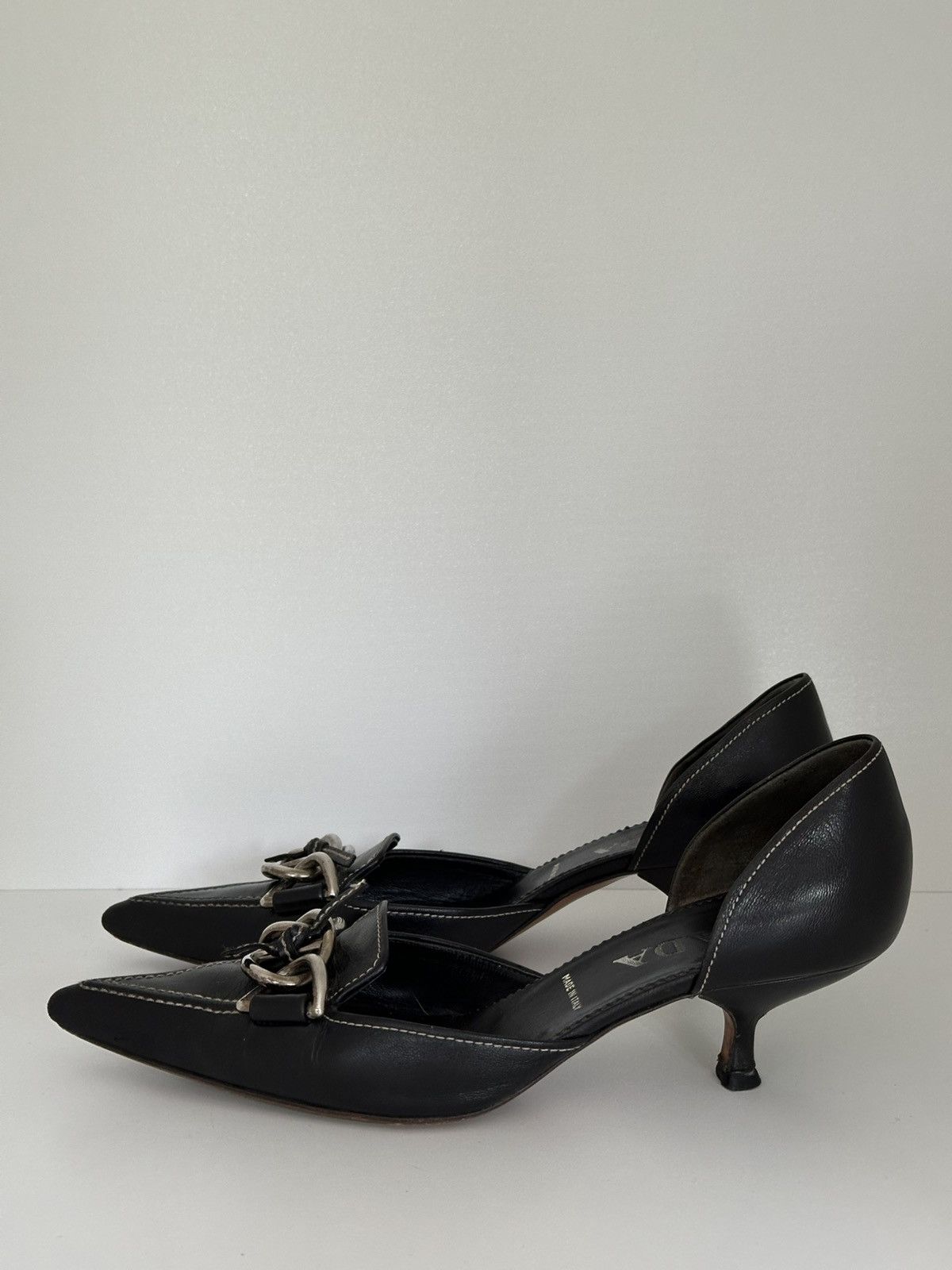 Italian Designers Prada Black Leather Kitten Heel Shoes, Women's (Size 6.5)