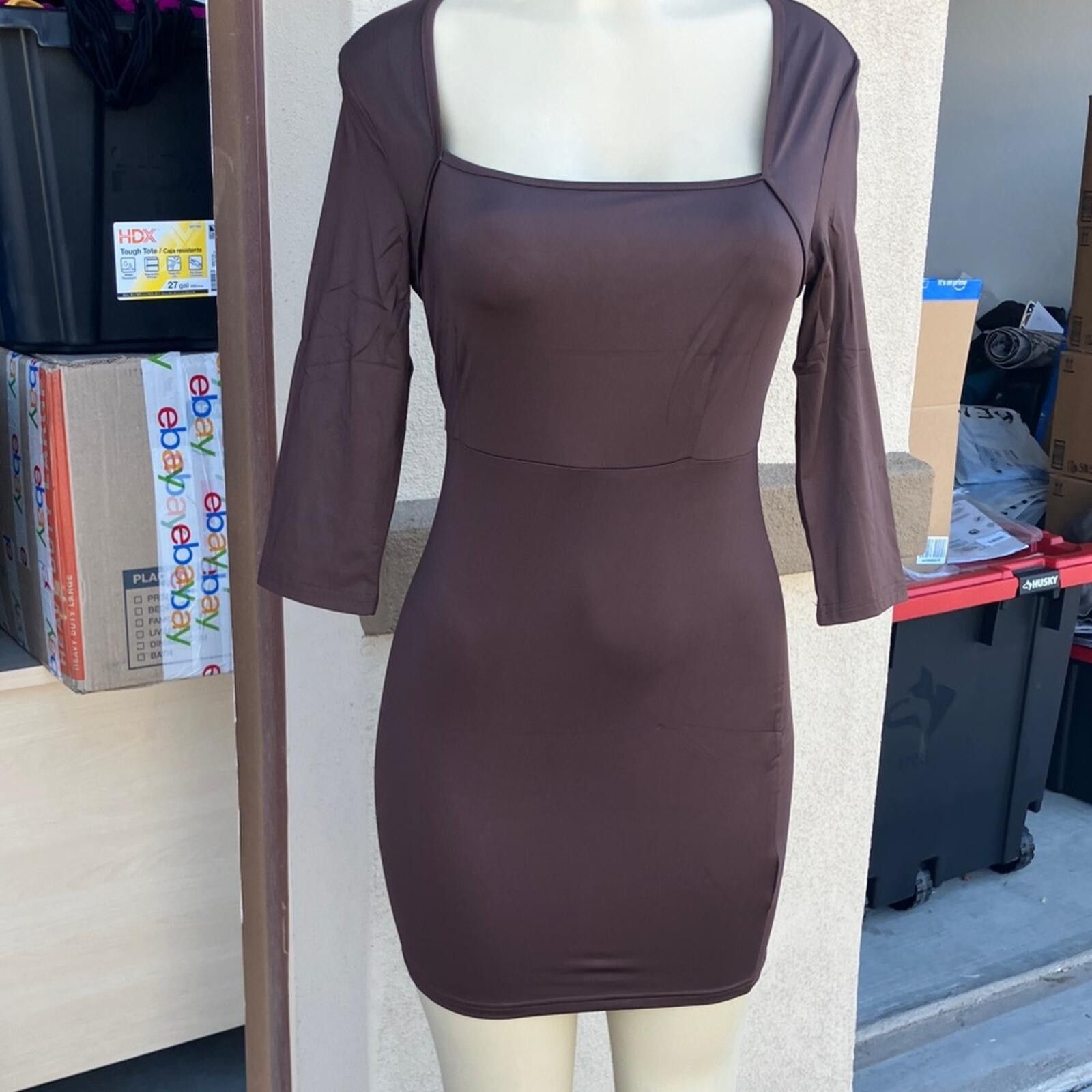 Other NIB Square-Neck Mini Dress with Three-Quarter Sleeves Brown Size S / US 4 / IT 40 - 1 Thumbnail