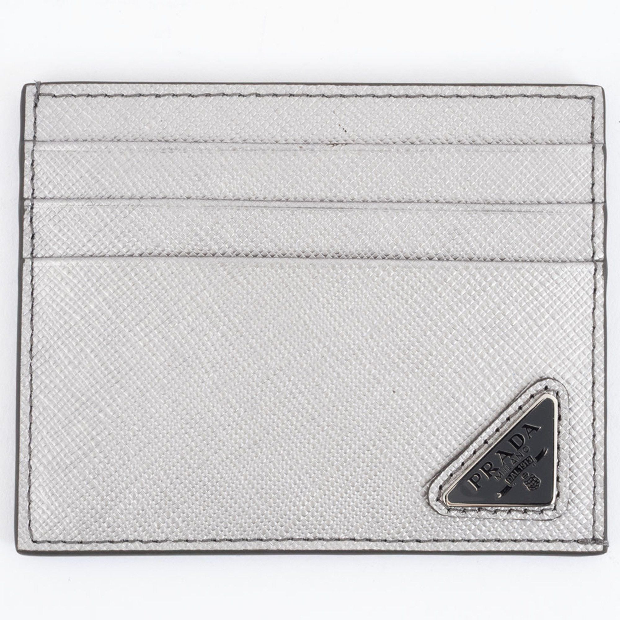Prada Saffiano Triangle Card Case 1MC223 Cowhide Silver Men's Holder PRADA