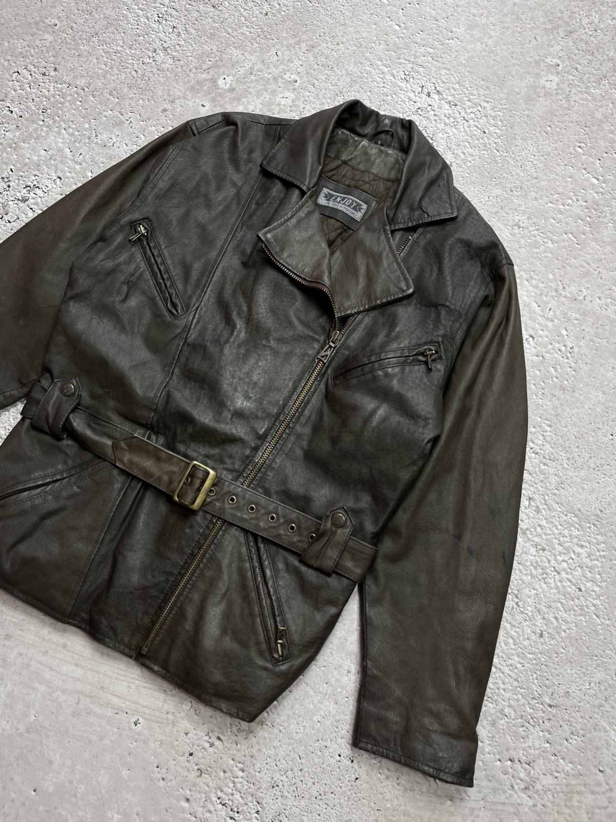 Leather Vintage Enjoy Brown Leather Jacket Belted Biker Style Size S Size US S / EU 44-46 / 1 - 3 Thumbnail