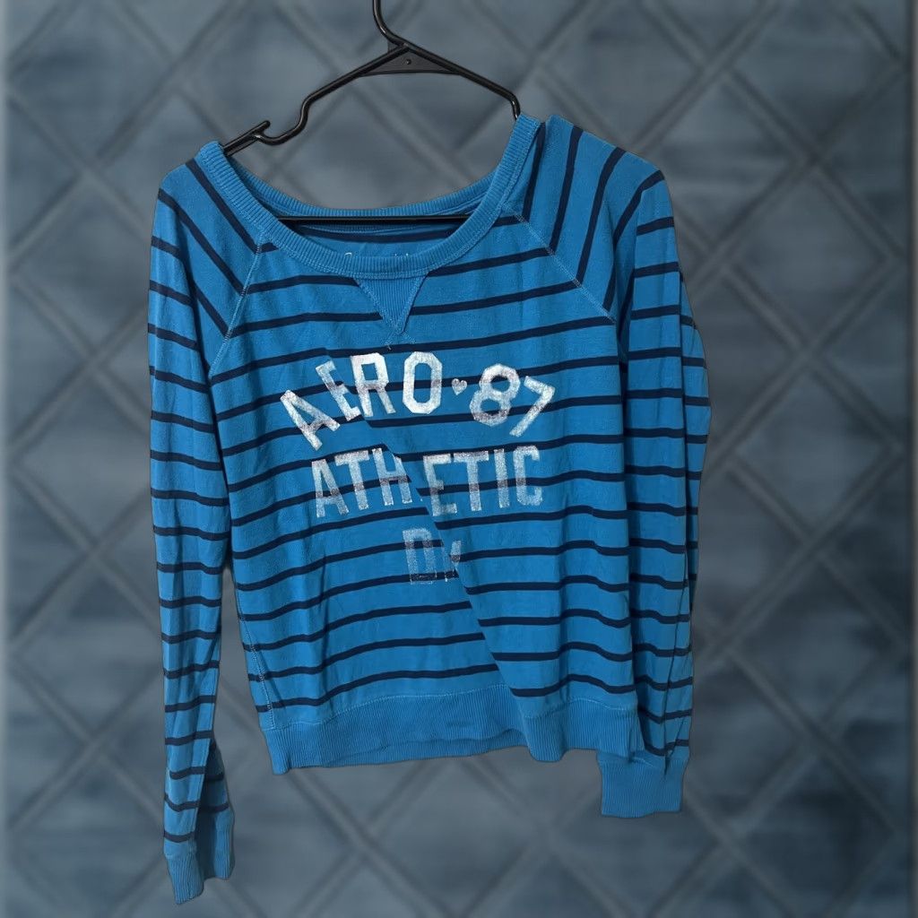 Aeropostale AEROPOSTALE Women Sweater Striped Round Neck Lightweight Cotton L Blue Classic Womens Size L / US 10 / IT 46 - 1 Thumbnail