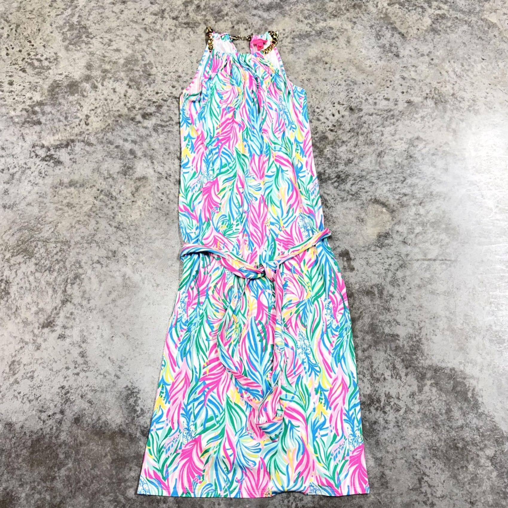 Lilly Pulitzer Lilly Pulitzer Dress Womens XS Multicolor Tropical Maxi Halter Belted Sleeveless Jersey Floral Strappy Summer 90s? Size XS / US 0-2 / IT 36-38 - 2 Thumbnail