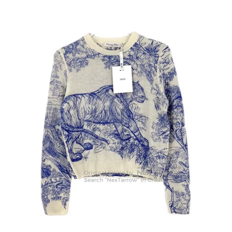 Dior Blue and white embroidered jungle animal cashmere swe