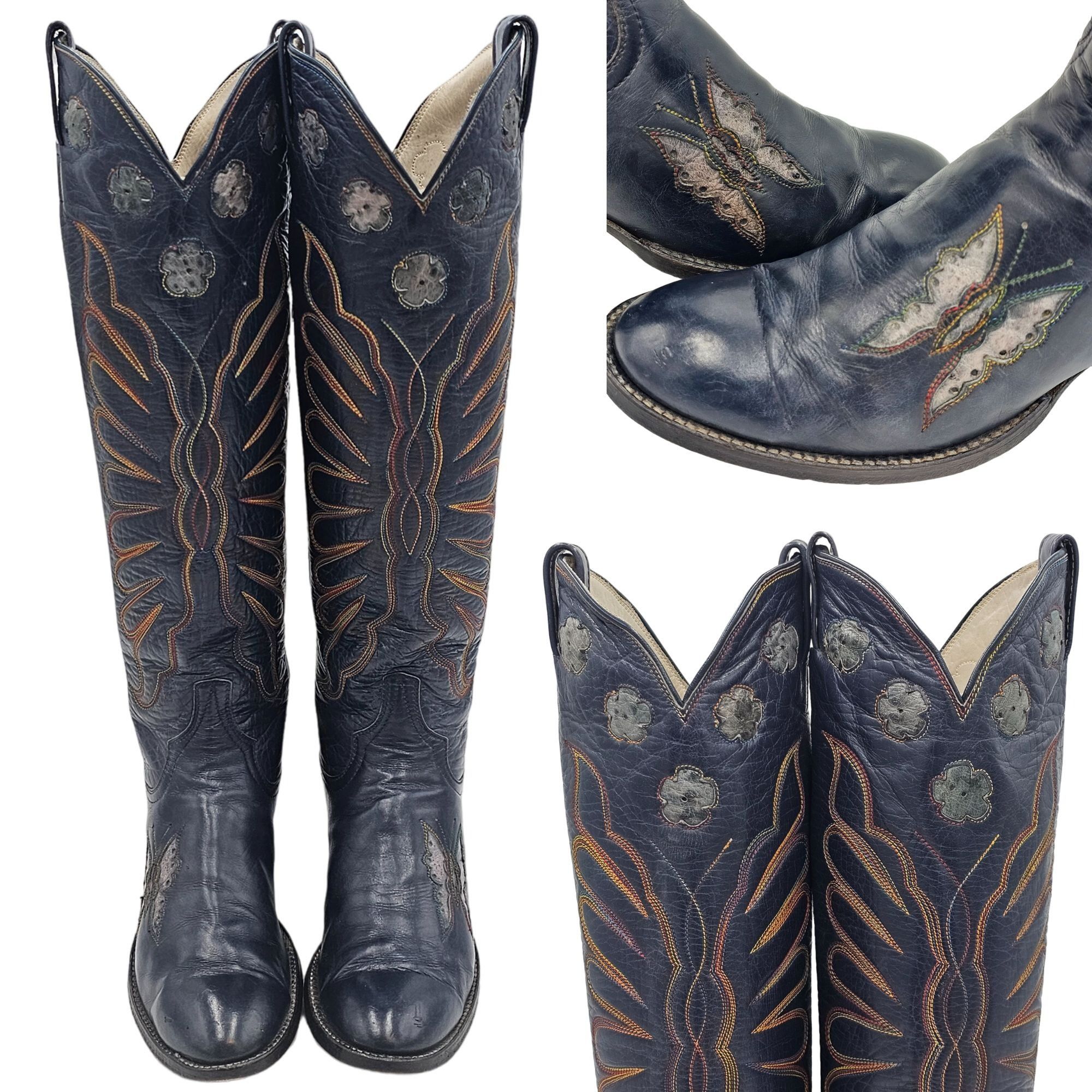 Other Vintage 1970s CUTTER BILL Cowgirl Boots 6B Navy Rainbow Leat Size US 6 / IT 36 - 1 Thumbnail