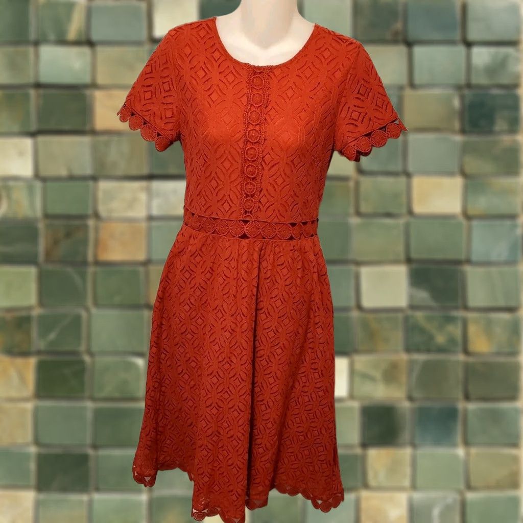 Vintage Jessakae Dress Midi Red Crochet Lined Bohemian Geometric Short Sleeve Round Neck Zip Button S Small Women's Vintage No Size S / US 4 / IT 40 - 1 Thumbnail