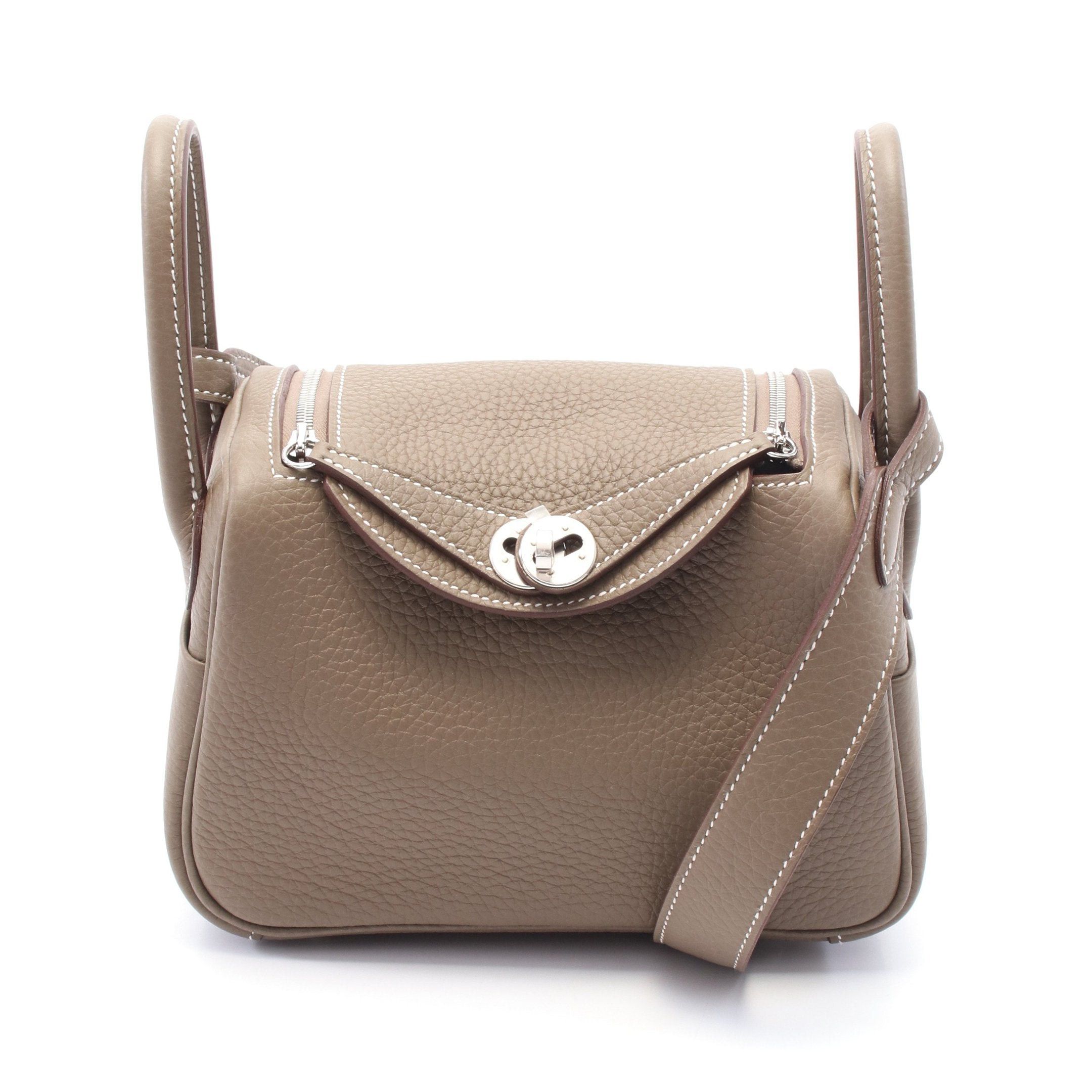 Hermes Hermes Lindy Mini Etoupe Shoulder Bag Clemence Leather Gray Brown Silver Hardware Double Engraved Size ONE SIZE - 1 Thumbnail