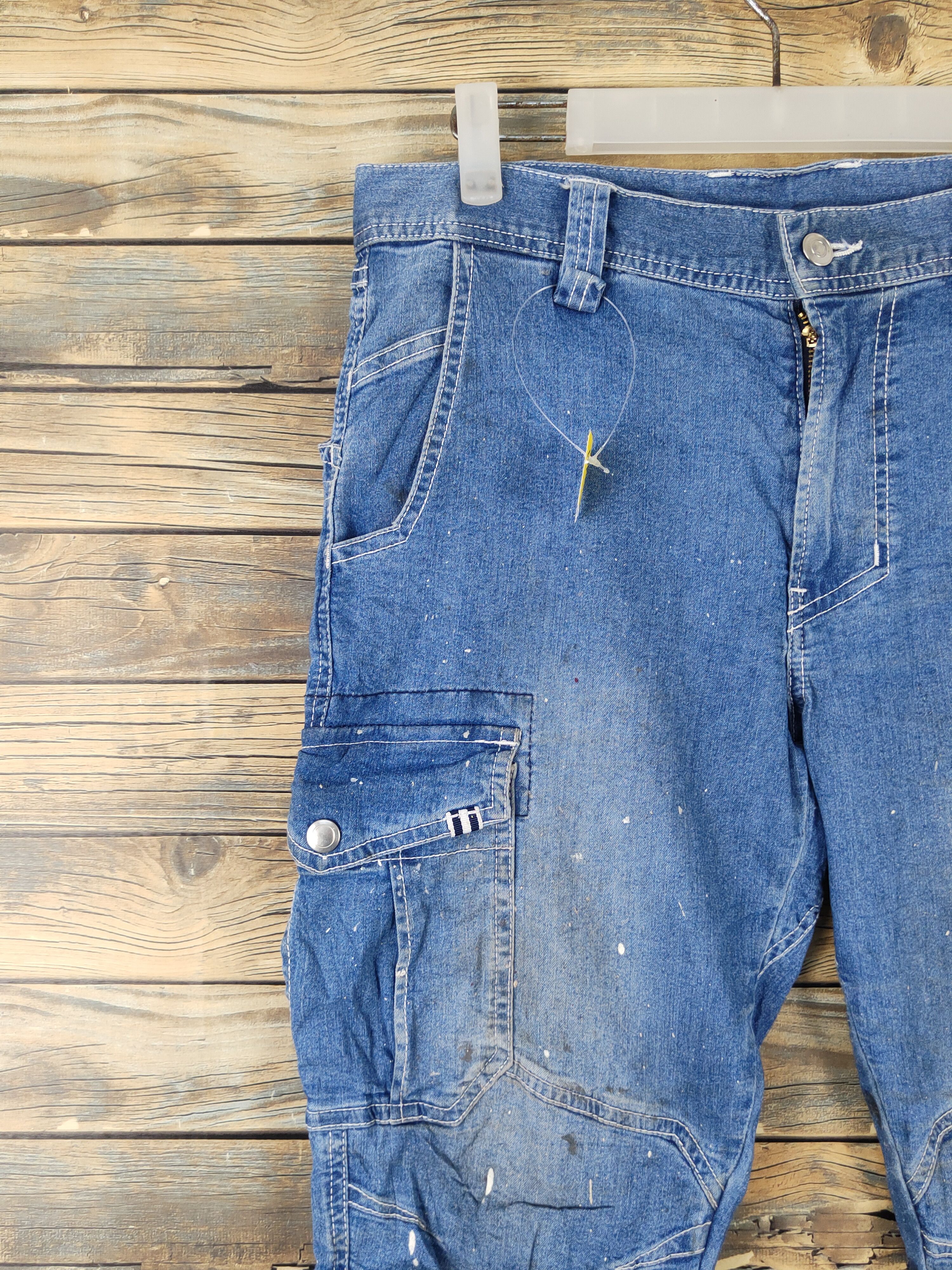Japanese Brand Tora Blue Distressed Ripped multipocket denim Jeans #W1963 Size US 32 / EU 48 - 3 Thumbnail