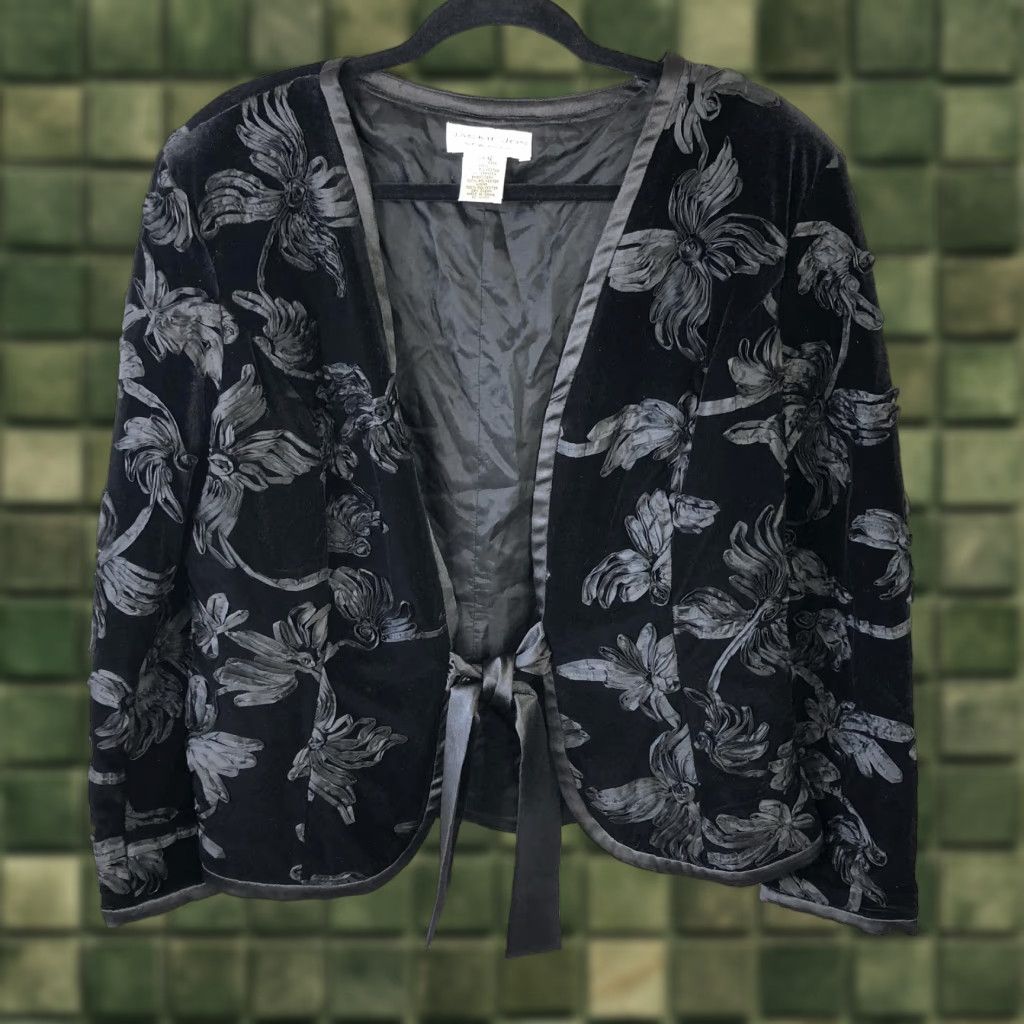VINTAGE Jackie Jon Jacket Womens 12 Black Velvet Floral Embroidered Tie Front Evening