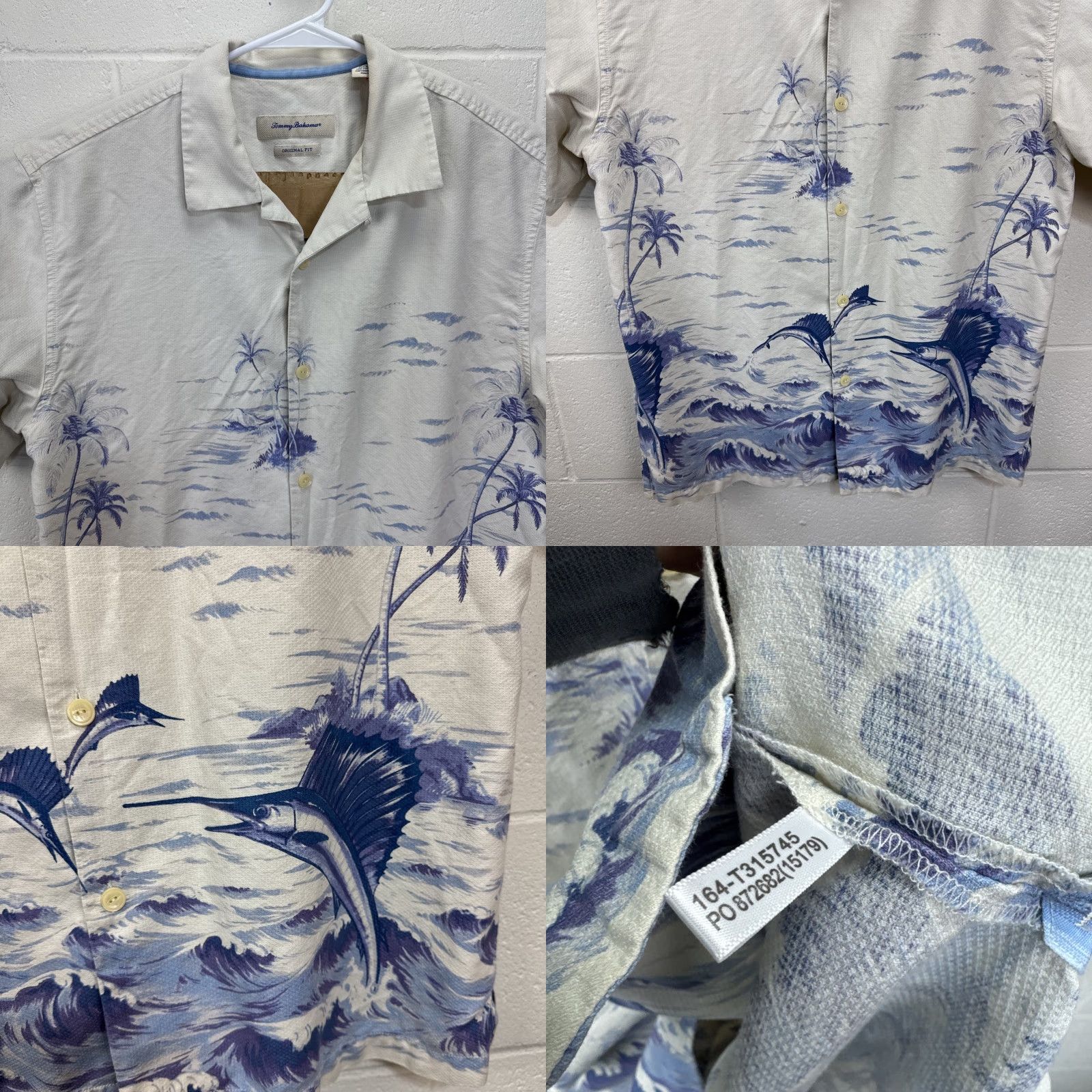 Tommy Bahama Tommy Bahama Shirt Mens Large Beige Blue Silk Camp Hawaiian Marlin Fish Waves Size US L / EU 52-54 / 3 - 8 Thumbnail