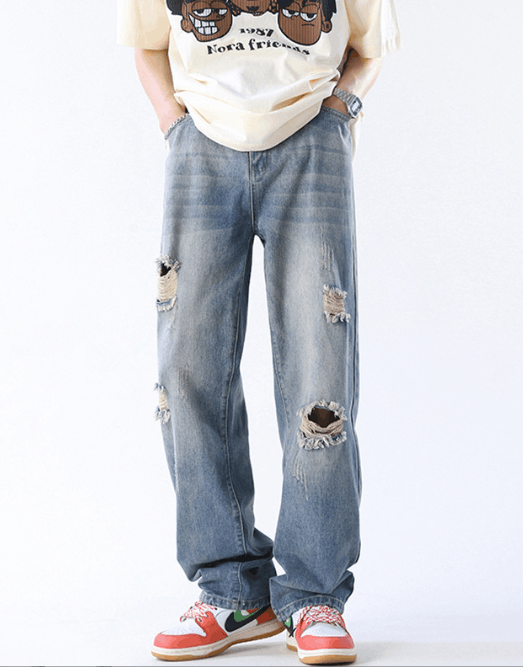Japanese Brand Men's trendy casual straight high street ripped jeans Size US 32 / EU 48 - 1 Thumbnail