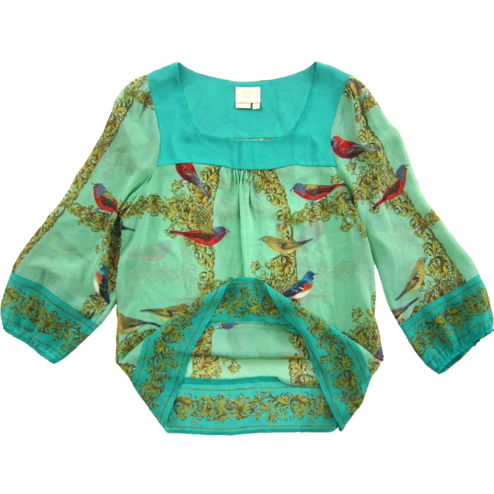 Vintage Vanessa Virginia Blouse Long Sleeve Shirt 6 Green Sheer Bird 100% Silk Classic Womens Size M / US 6-8 / IT 42-44 - 5 Thumbnail