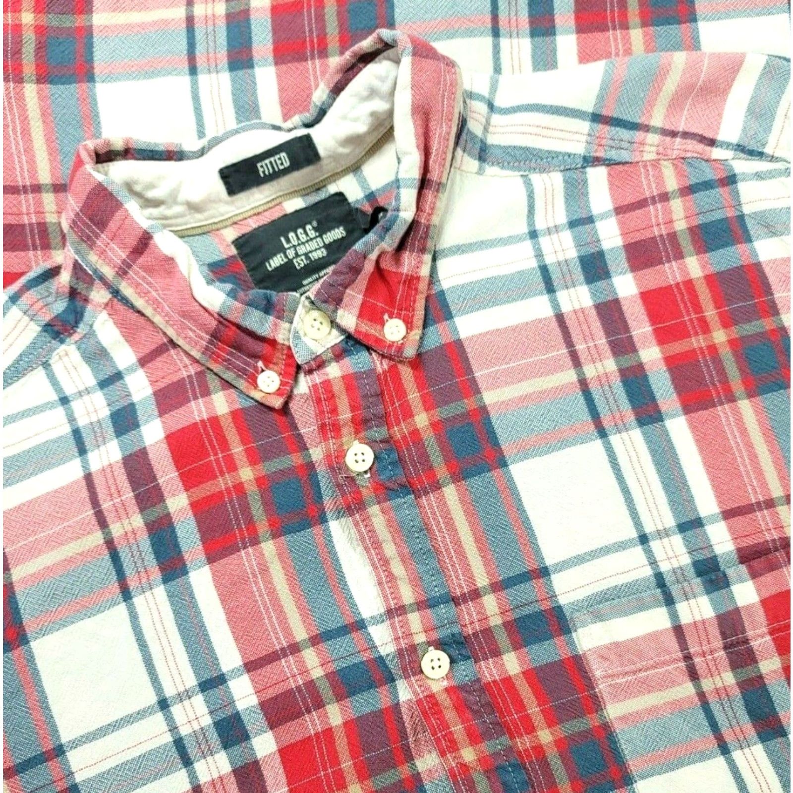 H&M L.O.G.G by H&M Mens Button-Up Shirt Plaid White Red Long Sleeve Adult Large Cotton 100% Pocket Classic Collar Mens Size US L / EU 52-54 / 3 - 2 Thumbnail