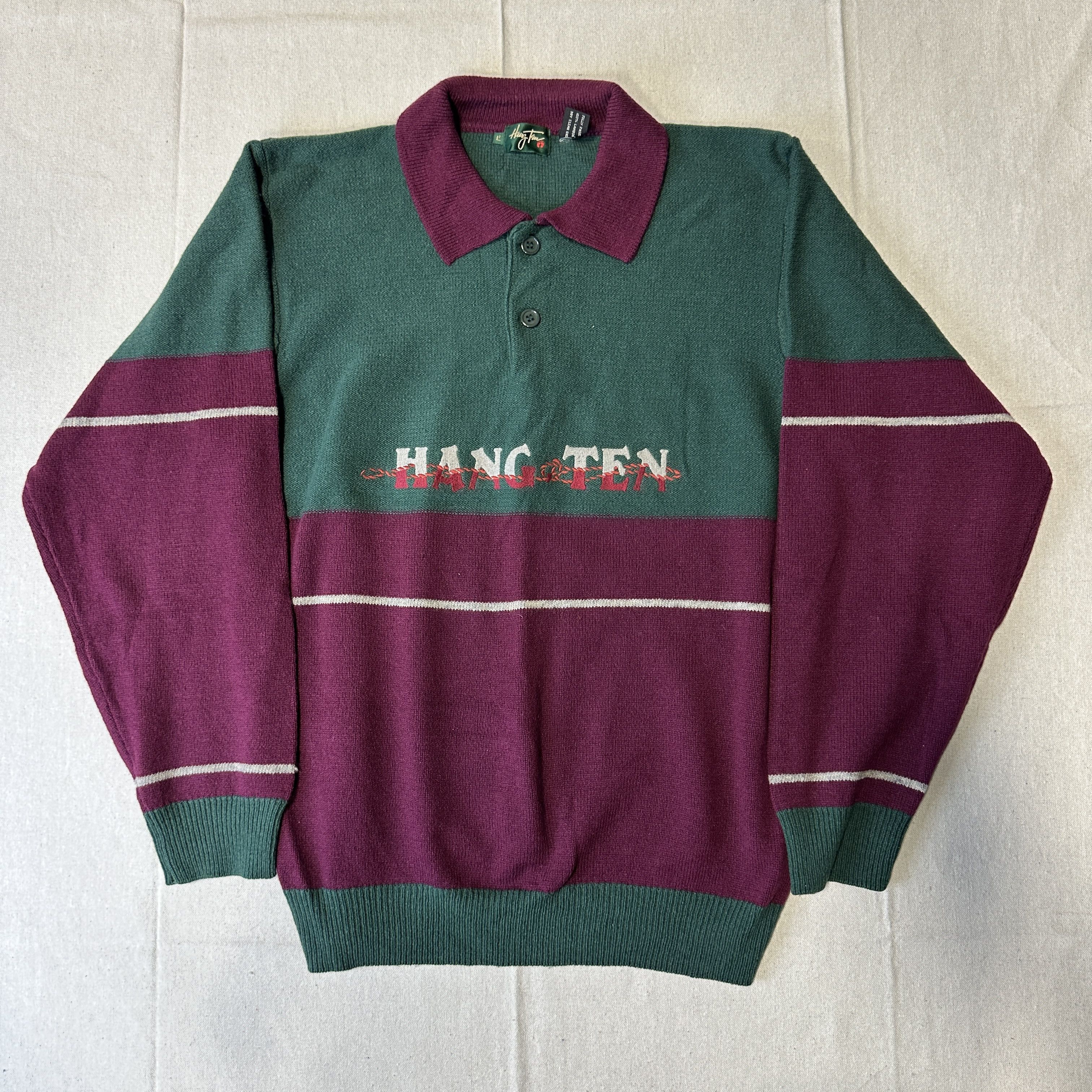 Vintage Hang Ten Colorblock Wool Rugby Shirt Size L 80s Surf
