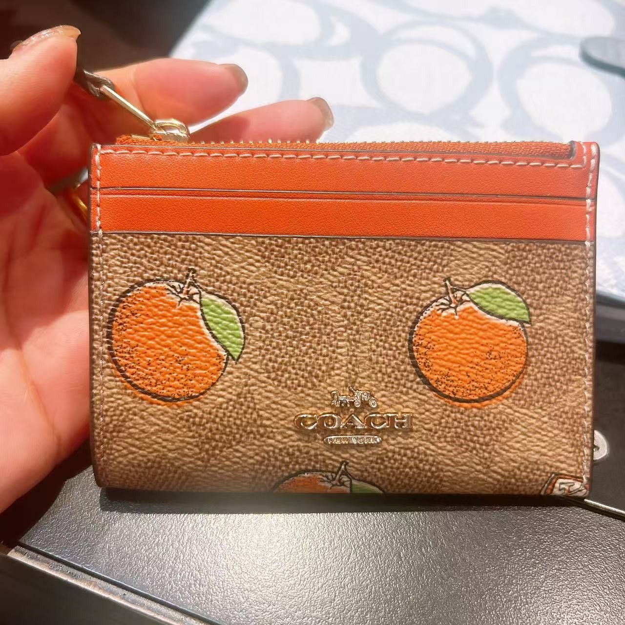 Coach Mini Skinny Id Case With Orange Print CAR21 Size ONE SIZE - 1 Thumbnail