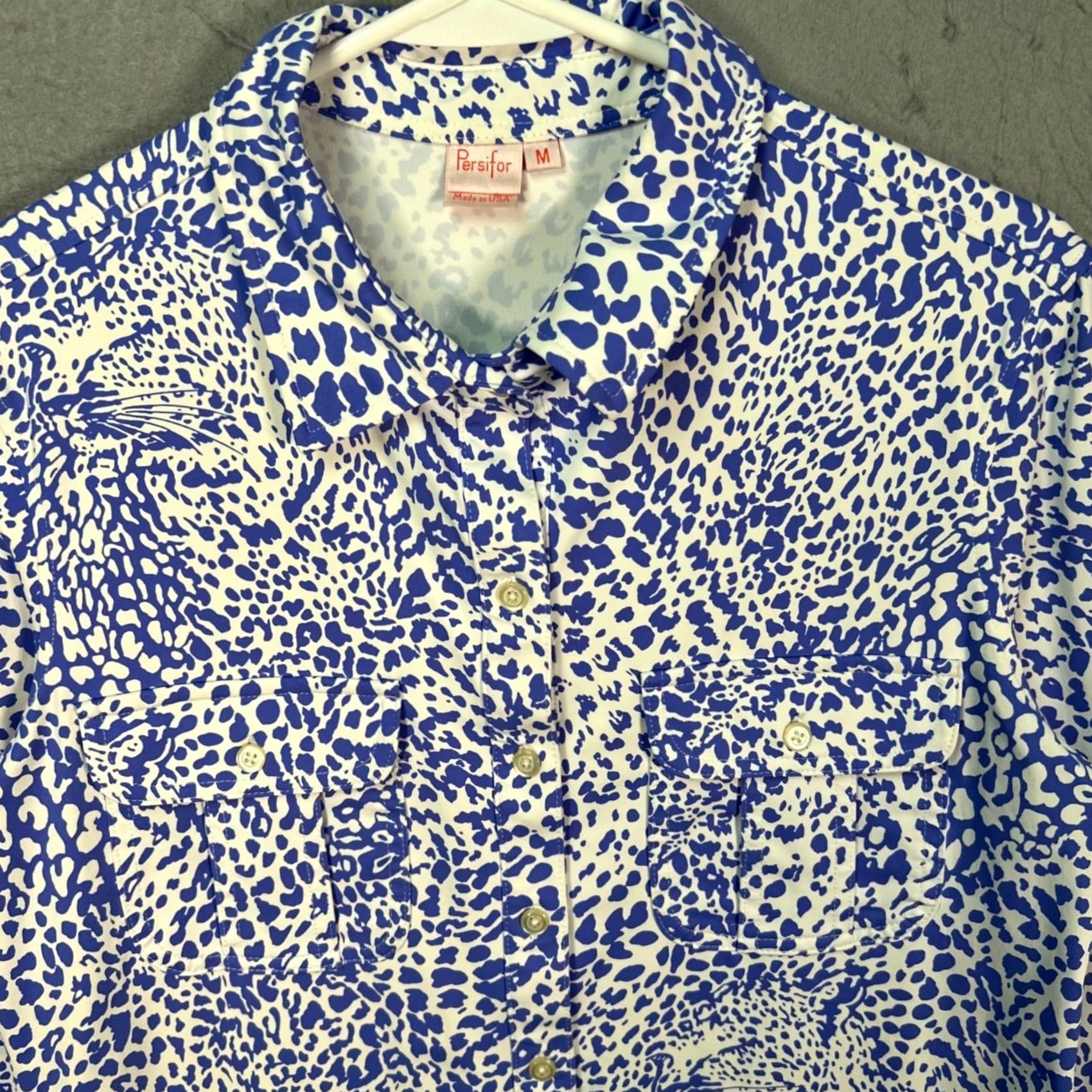 Vintage Persifor Womens Medium Blue & White Leopard Print Button-Up Tunic Dress Shirt Dress Size M / US 6-8 / IT 42-44 - 5 Thumbnail