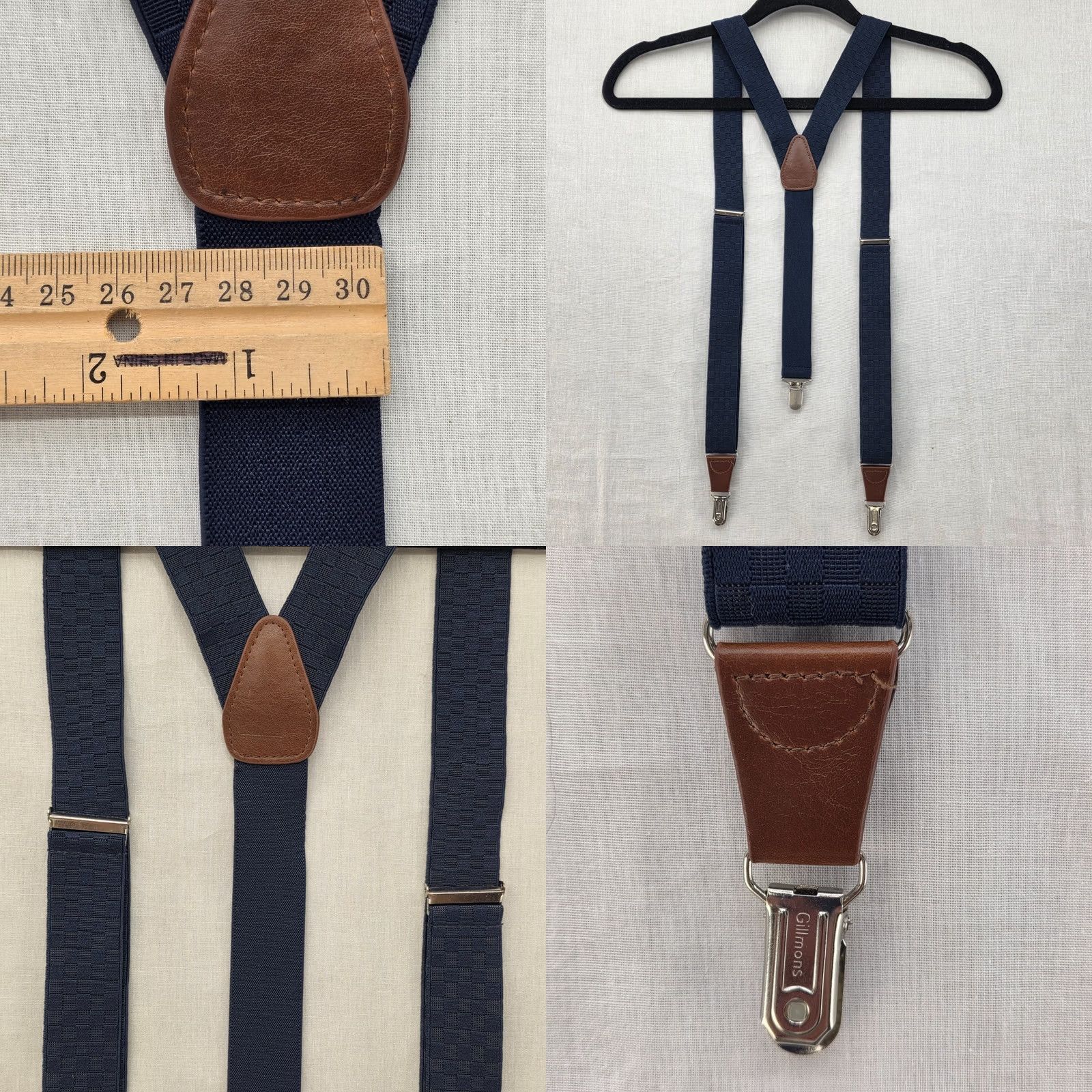 Vintage Gillmons Suspenders Adjustable Y Back w/Leather Blue 1.25" Wide Stylish Office Mens One Size Clip Elastic Leather Blue Office Stylish Girls? Size ONE SIZE - 8 Thumbnail