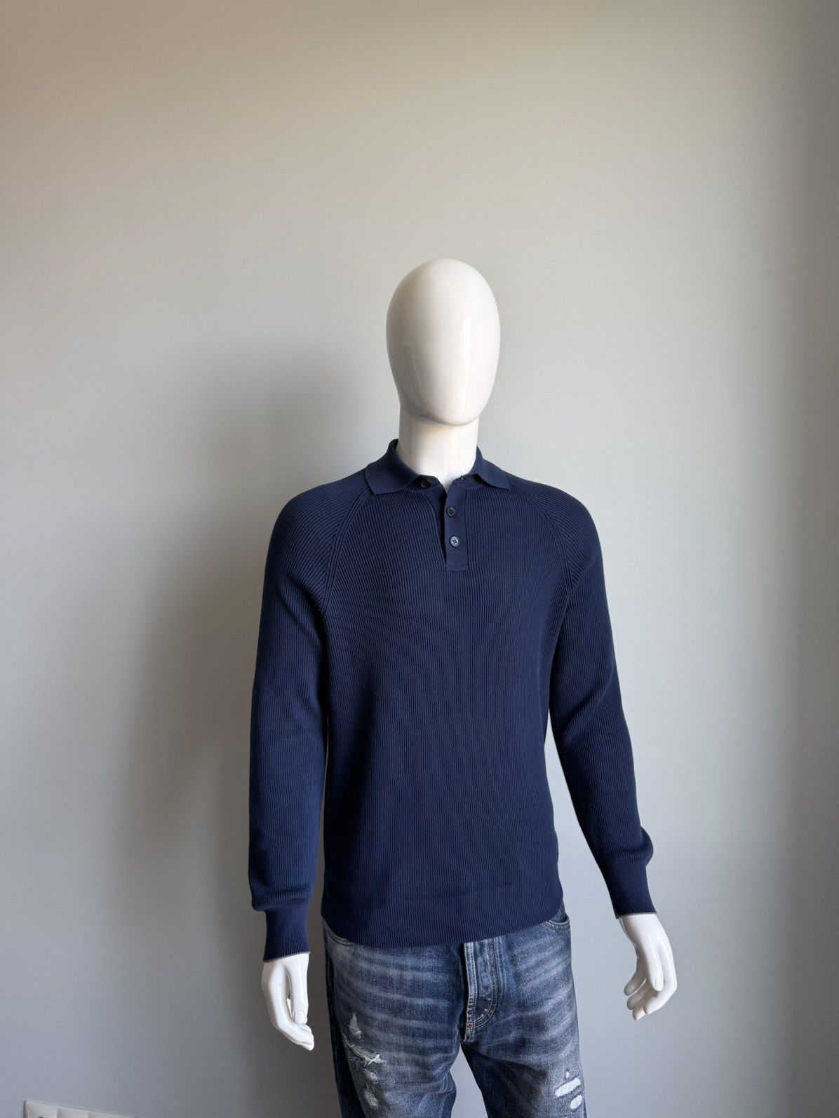 Brunello Cucinelli Brunello Cucinelli Knit Long-sleeved Navy Blue Polo Sweater Size US M / EU 48-50 / 2 - 8 Thumbnail