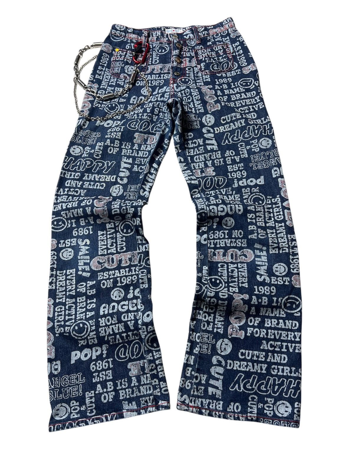 Japanese Brand Angel Blue Pop Love Printed Button Flared Pants Size US 28 / EU 44 - 1 Thumbnail