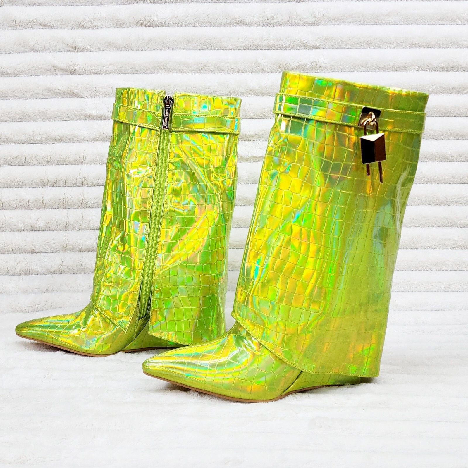 Other Vision Lime Yellow Hologram Wedge Heel Fold Over Skirted Ank Size US 6 / IT 36 - 6 Thumbnail