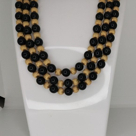 Vintage Cato Black Gold Multi Strand Necklace 3 Tiered Layered Jewel Size ONE SIZE - 7 Thumbnail