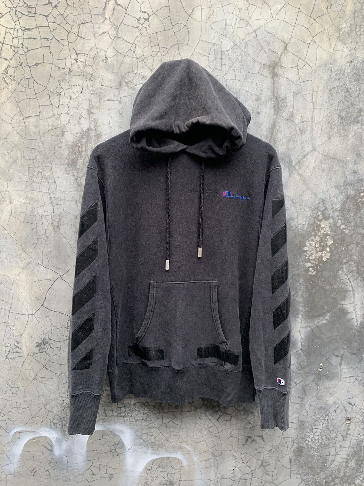image of Offwhite X Champion Ss18 Back Arrow Pullover Hoodie in Black Grey, Men's (Size Small)