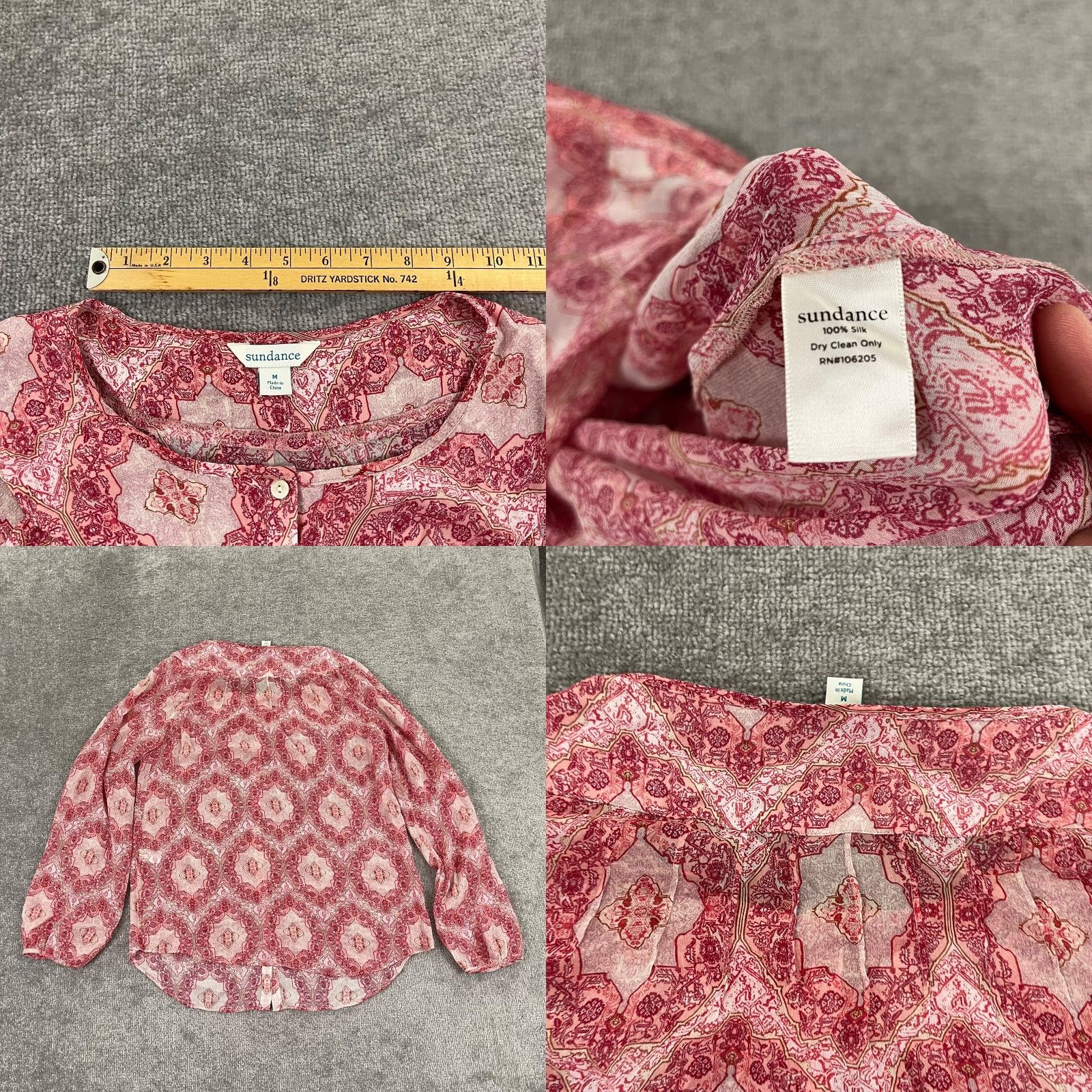 Vintage SUNDANCE Top Womens Medium Red Pink Floral 100% Silk Sheer Blouse Button Up Size M / US 6-8 / IT 42-44 - 8 Thumbnail