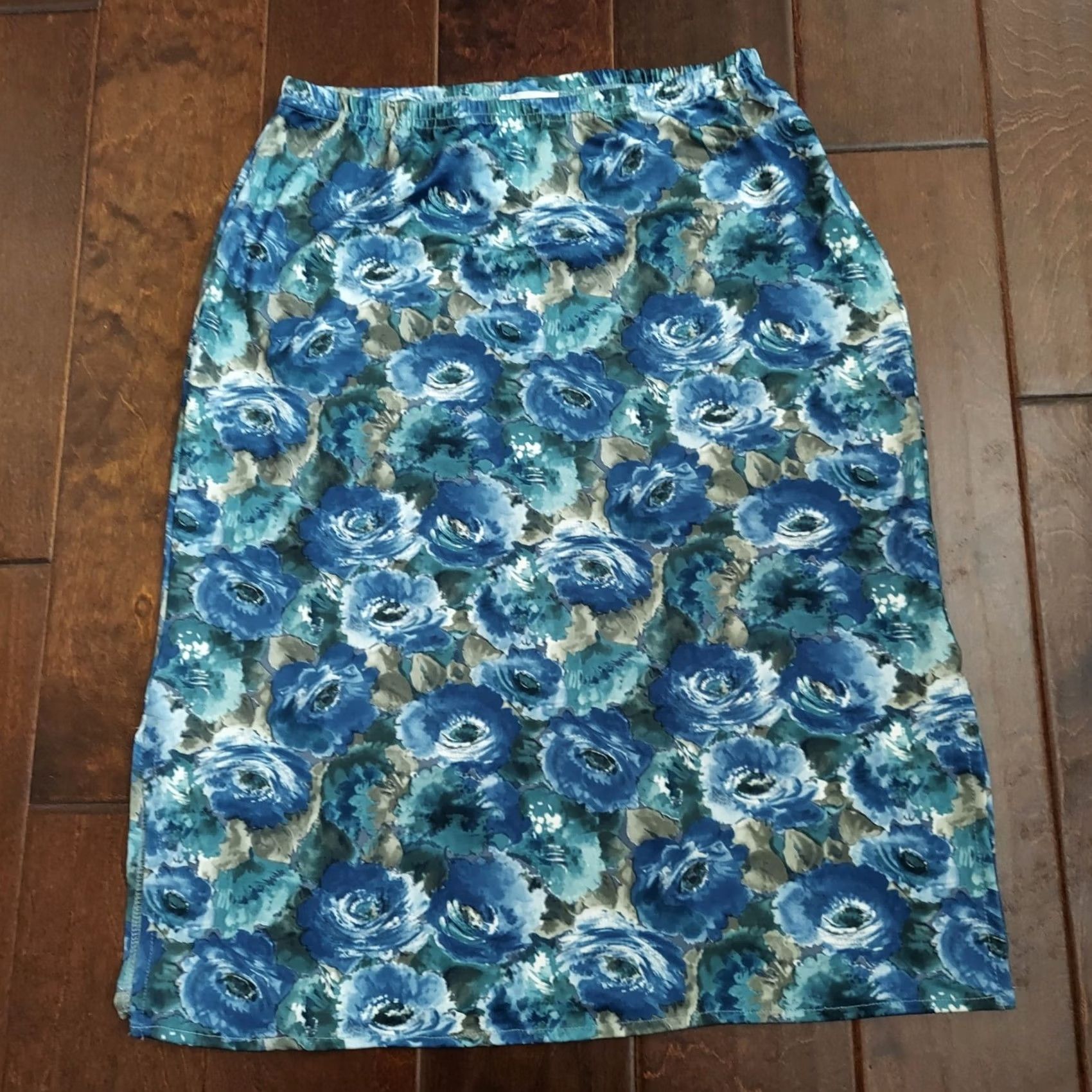 Vintage Charlotte Russe Women's Blue Floral Ribbed Side Slit Midi Skirt M Regular Size 32" / US 10 / IT 46 - 3 Thumbnail