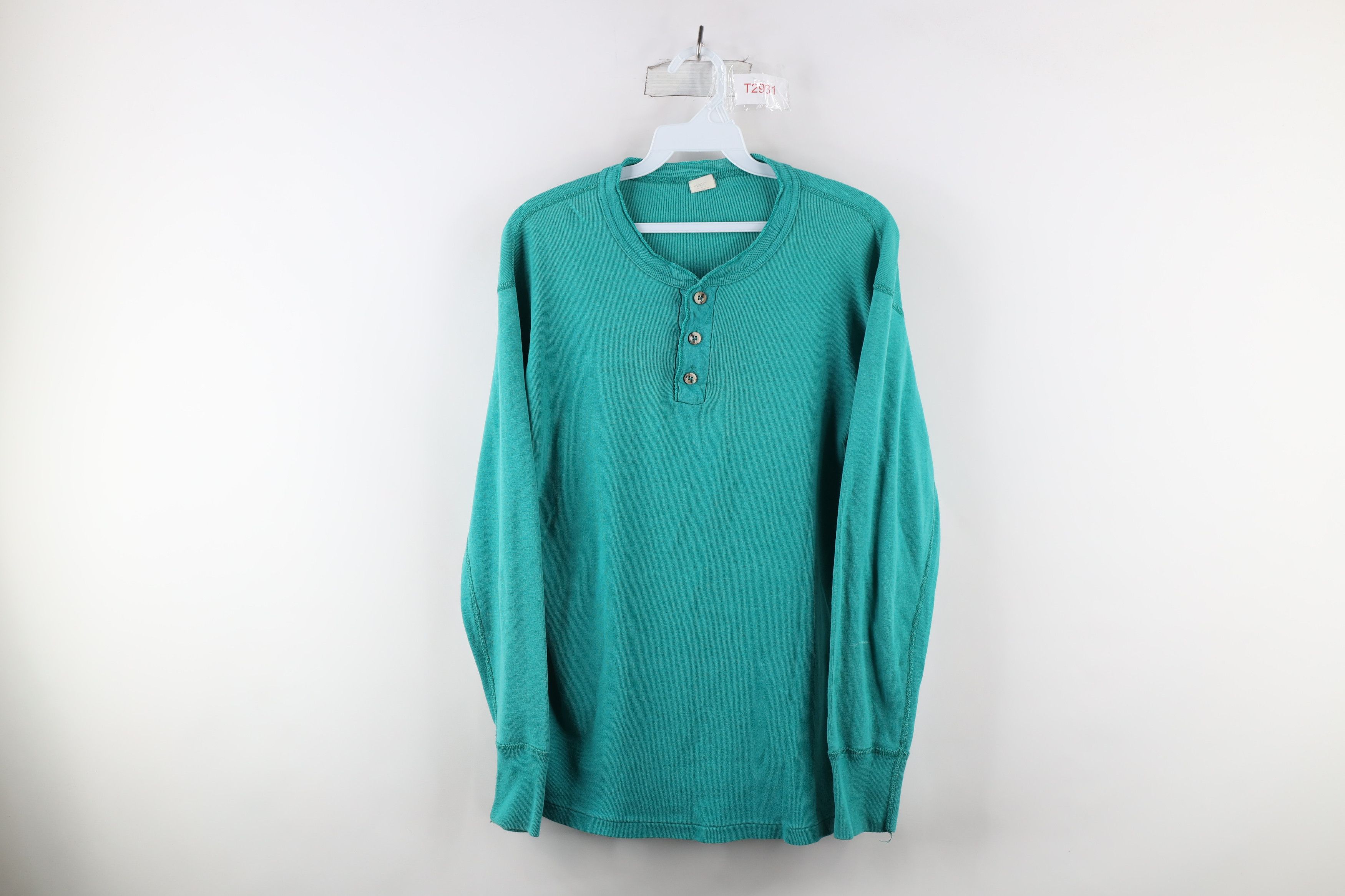 Vintage 70s Streetwear Long Sleeve Henley T-Shirt Teal USA - Main Image