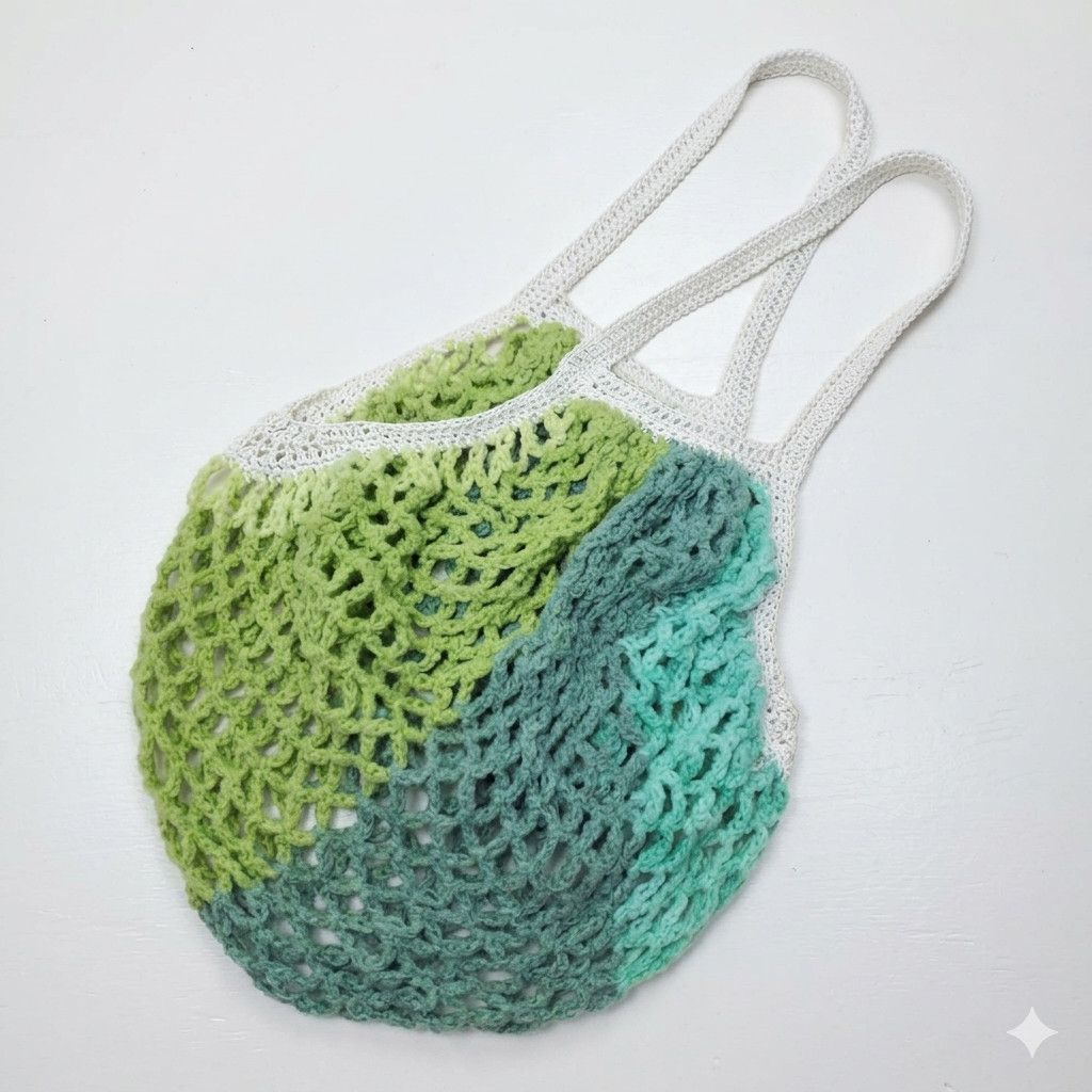 Handmade Farmers Market Bag Handmade Green Crochet French Net Sack Size ONE SIZE - 1 Thumbnail