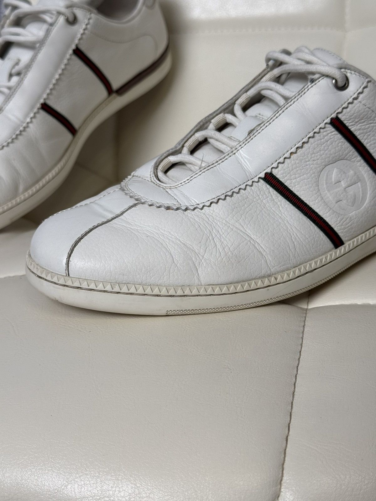 Gucci Gucci White Leather Low Top Sneakers Web Stripe & GG Logo Size US 9 / EU 42 - 3 Thumbnail