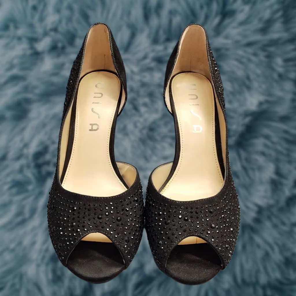 Vintage Unisa Juju Stiletto Pump Heels Womens US Size 8M Black Studded Peep Toe Slip On Size US 8 / IT 38 - 1 Thumbnail