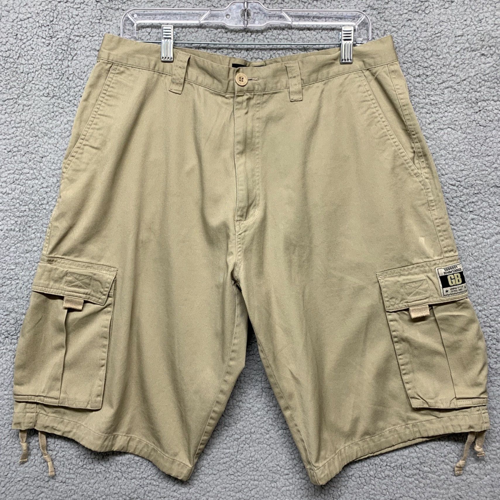 Denime Godbody Denim Cargo Mens Cargo Shorts Tan Size 36 Drawstring Legs Brown Cotton 5-Pocket Design Belt Loops Regular Size US 36 / EU 52 - 2 Thumbnail