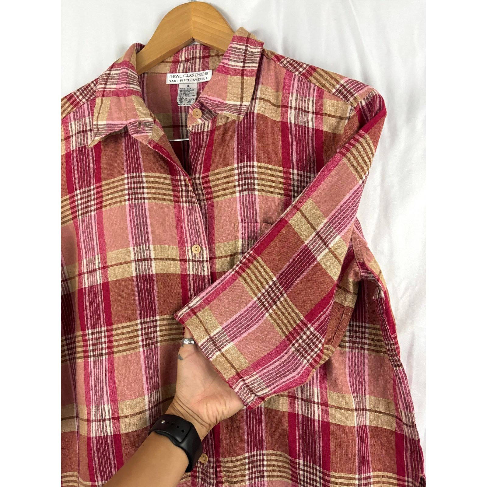 Saks Fifth Avenue Real Clothes Saks Fifth Avenue Blouse MEDIUM Plaid Linen Size M / US 6-8 / IT 42-44 - 8 Thumbnail