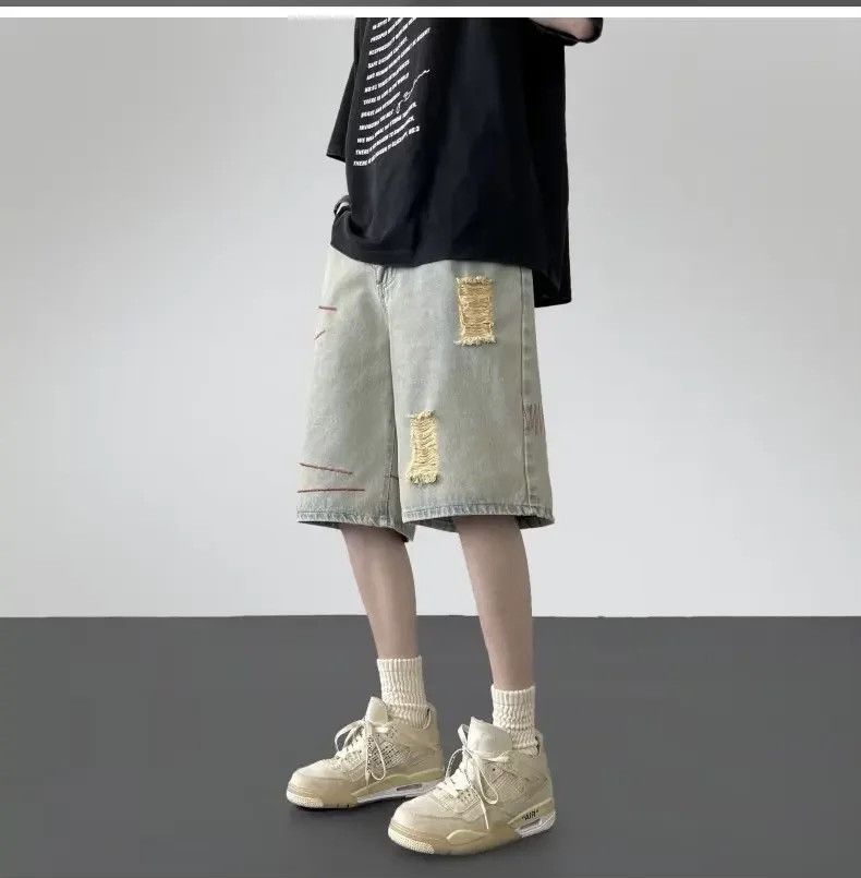 Denime × Japanese Brand Streetwear Shorts Casual Loose-fit Straight-leg Ripped Denim Size US 33 - 3 Thumbnail