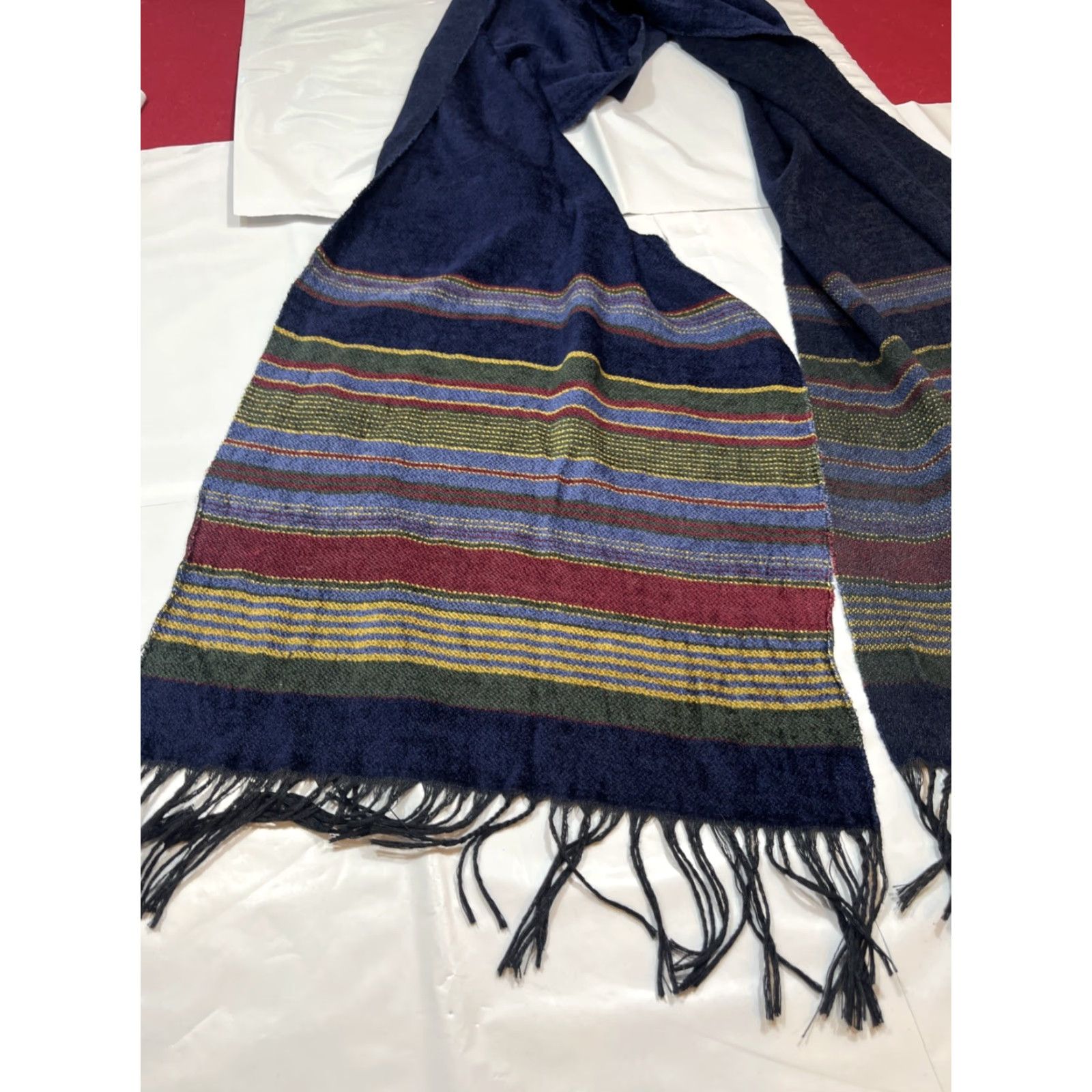 Vintage VINTAGE Corrieri Ido Striped Wool Fringe Scarf BLUE green Burgundy Long wrap Italy Made Size ONE SIZE - 3 Thumbnail