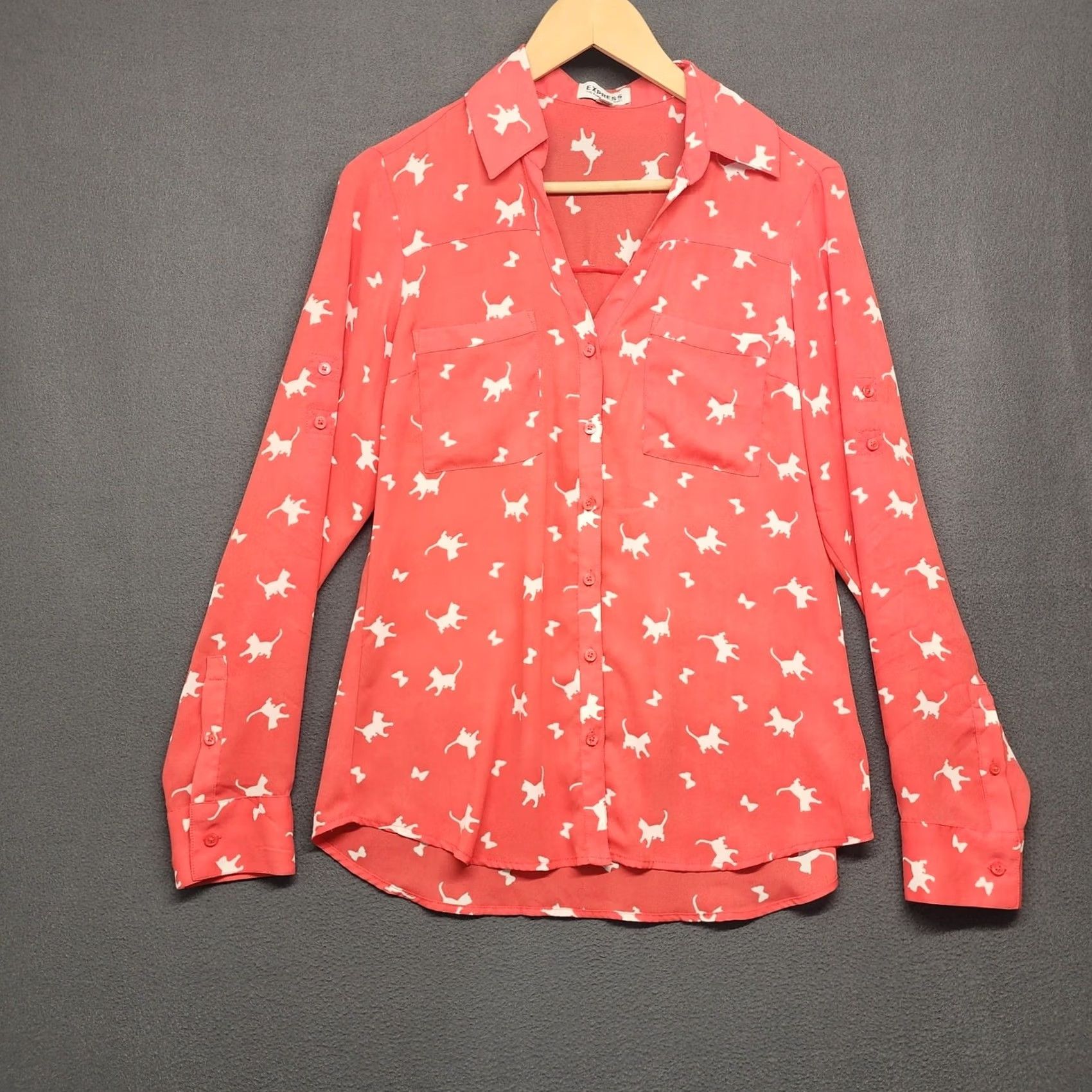 Express Express Portofino Shirt Women Small All Over Cat Print Roll Tab Sleeve Button Up Size S / US 4 / IT 40 - 2 Thumbnail