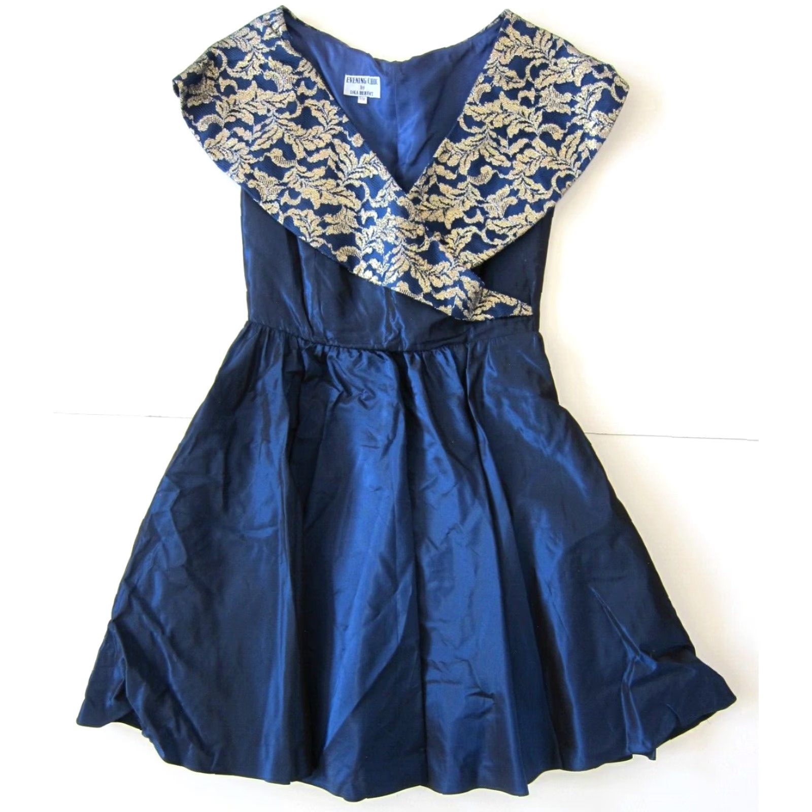Vintage Evening Chic Lola Berent Blue Satin Empire Dress 11/12, Vintage, Collared, Gold Floral, Knee Length, Short Sleeve, Party/Cocktail, Women Size L / US 10 / IT 46 - 2 Thumbnail