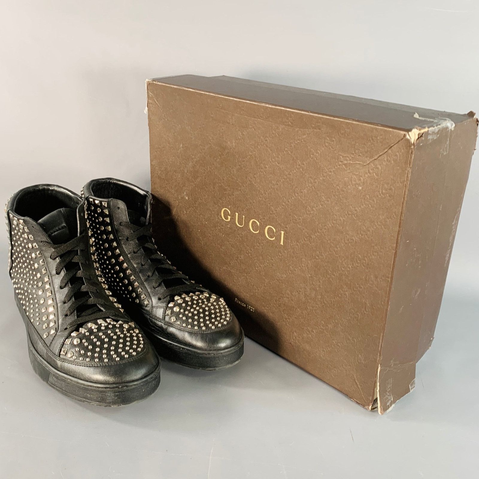 Gucci GUCCI 14 Black Silver Studded Leather High Top Sneakers Size US 14 / EU 47 - 9 Thumbnail