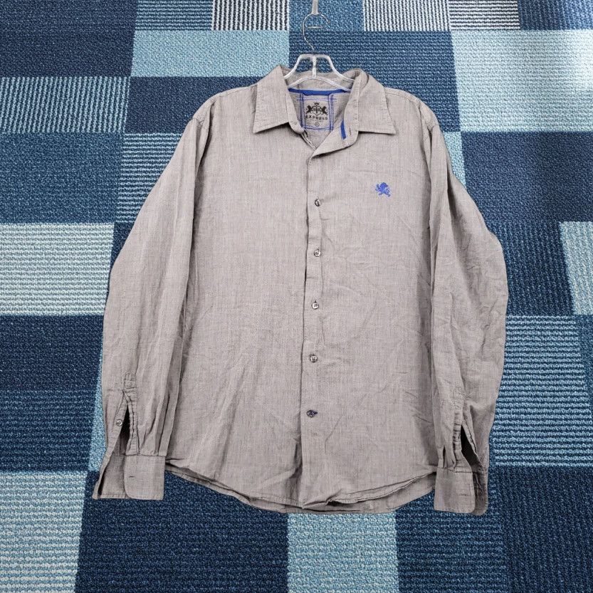 Express Express Shirt Mens L Large Casual Button-Up Gray Solid Long Sleeves Cotton Size US L / EU 52-54 / 3 - 1 Thumbnail