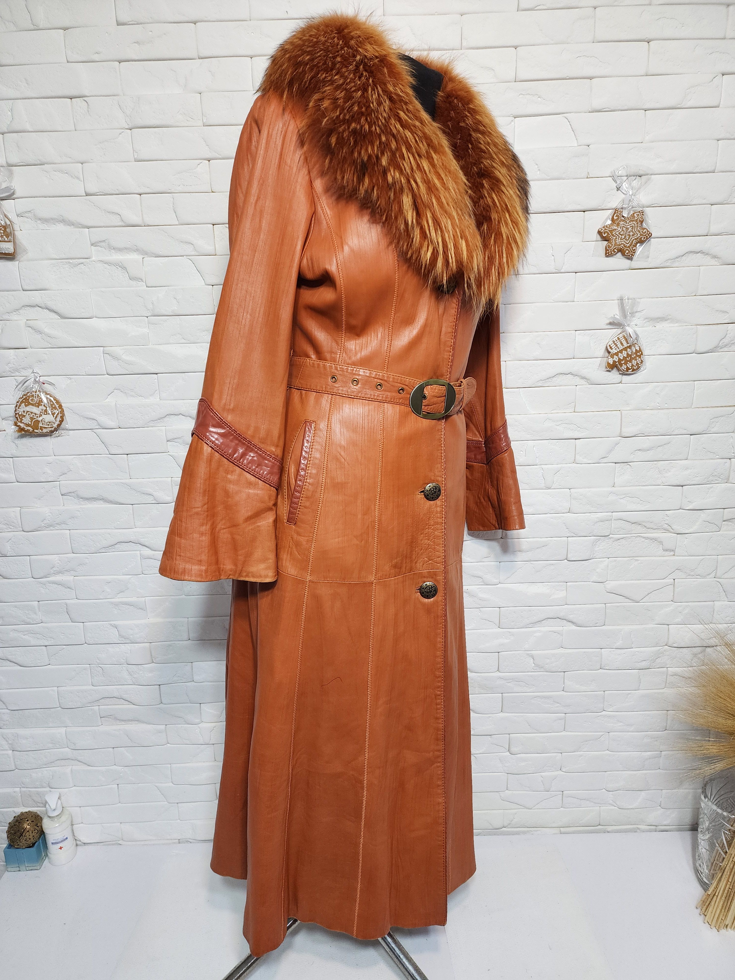 Furla Brown Leather Trench Coat with Fur Collar Size L / US 10 / IT 46 - 3 Thumbnail
