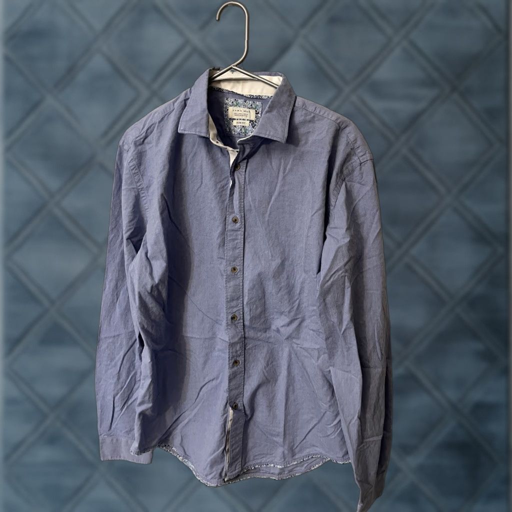 Zara ZARA MAN Slim Fit Solid Button Down Shirt Men's L Blue Button-Up Knit 100% Cotton Tailored Fit Regular Long Sleeve Size US L / EU 52-54 / 3 - 1 Thumbnail