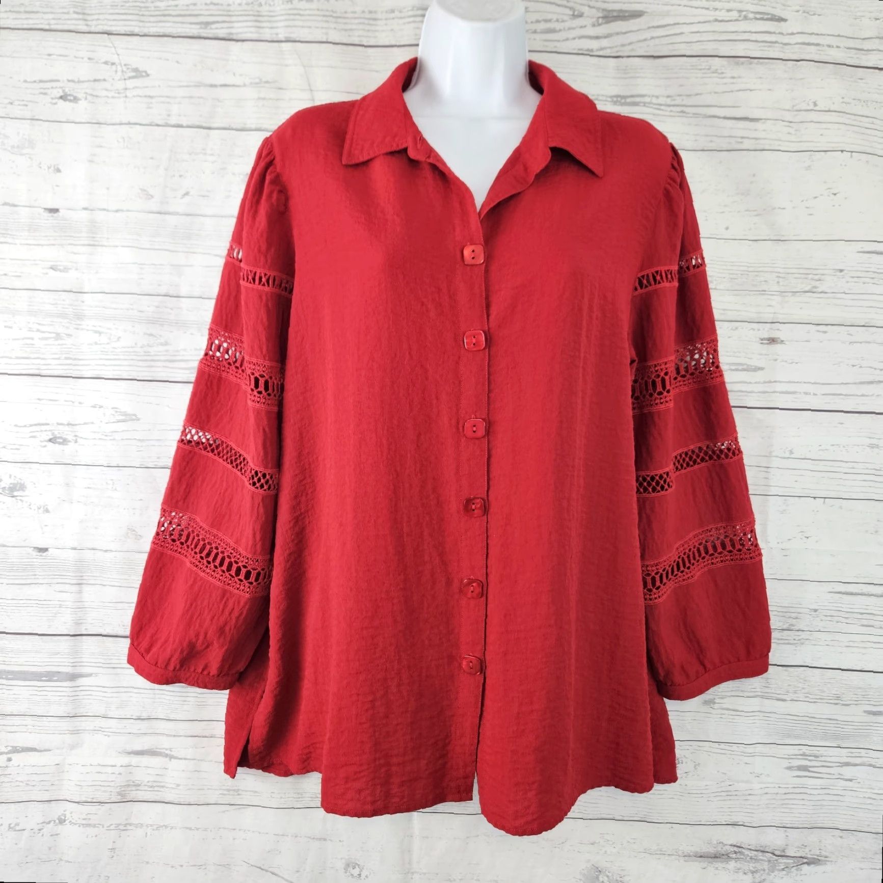 Vintage John Mark Womens Button-Up Top Sz Large Solid Red Long Sleeve Rayon Blend Shirt Womens L Red Button-Up John Mark Size L / US 10 / IT 46 - 2 Thumbnail