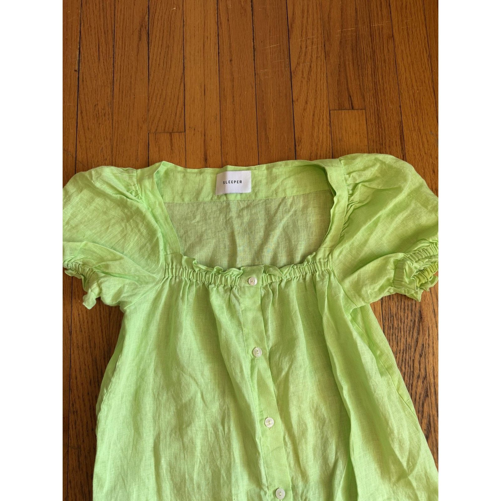 Sleeper Sleeper Dress Medium Green Linen Puff Sleeve Button Front Size M / US 6-8 / IT 42-44 - 3 Thumbnail
