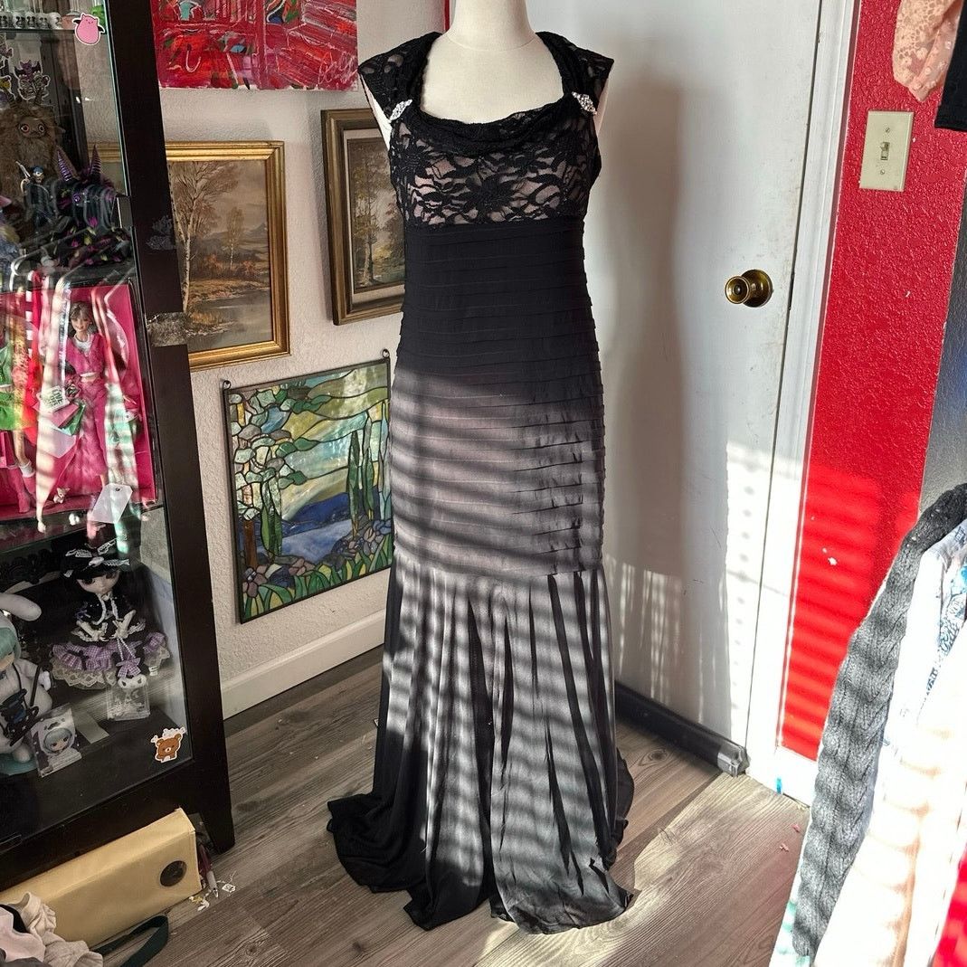 r&m richards black lace long formal dress