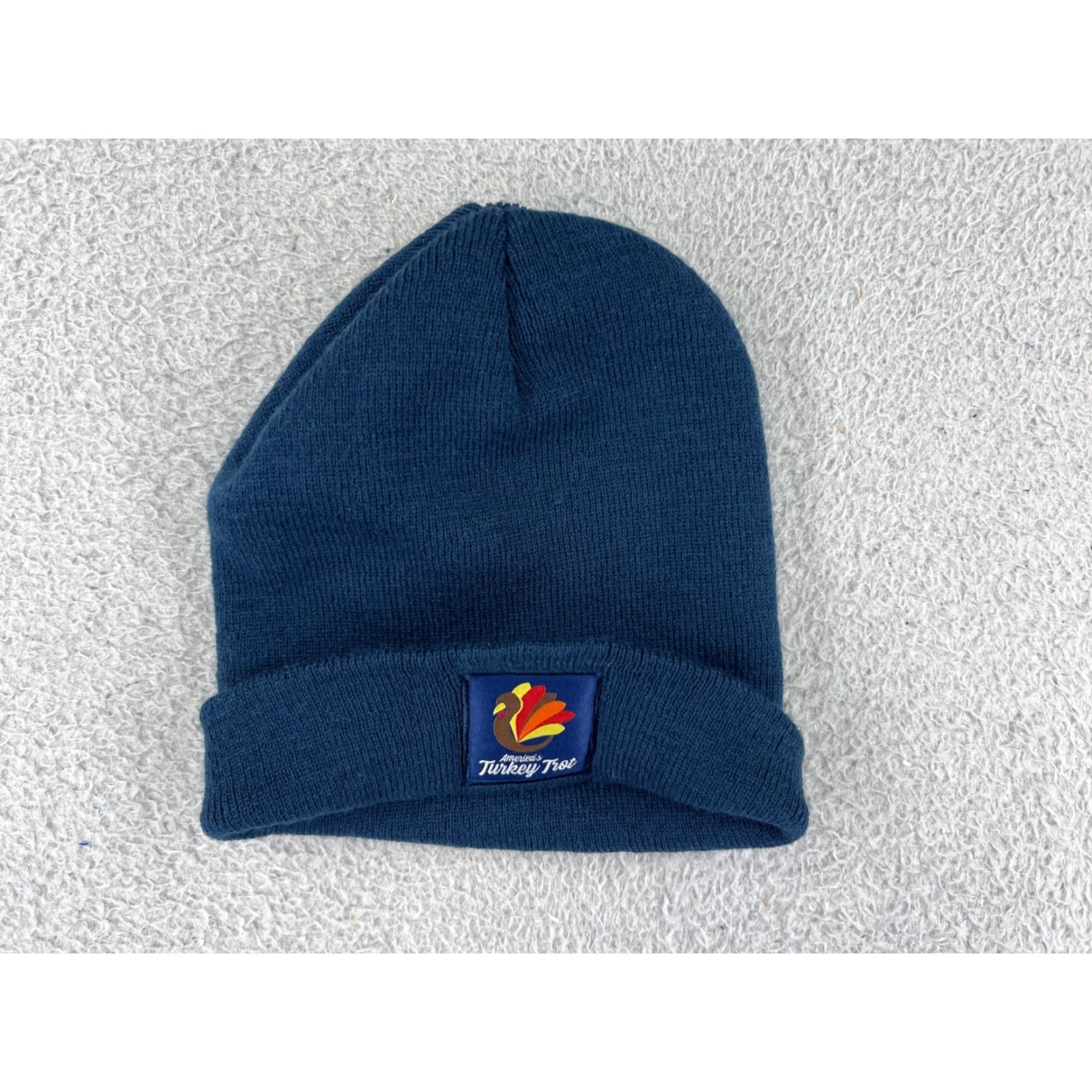 Vintage AMERICAS Turkey Trot Beanie Toque Adult One Size Blue Knit 100% Acrylic Snow Ski Hat/Cap Mens Beanie - Running Man Pattern Striped Ski Theme Size ONE SIZE - 2 Thumbnail