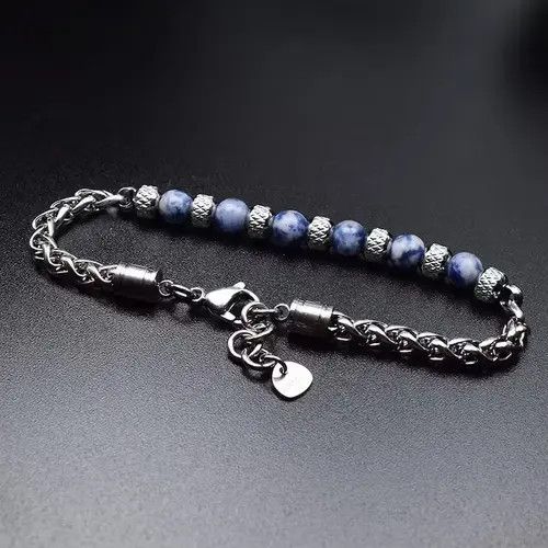 Handmade 6mm Blue Stone Beads Stainless Steel Bracelet Size ONE SIZE - 2 Thumbnail