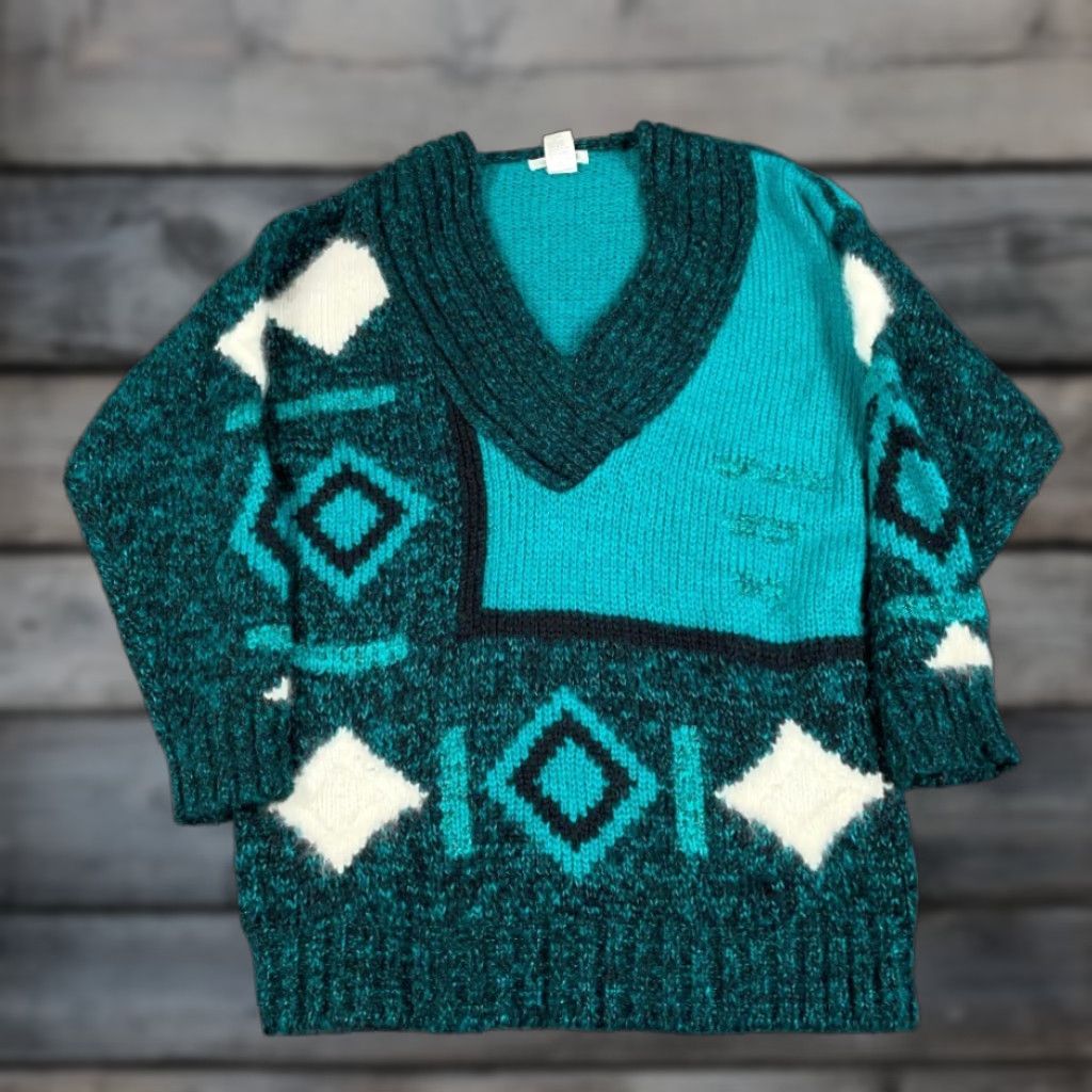Etro VTG 80s Broad Striped Abstract Sweater Women's Medium Green Dark Red Retro Knit Size M / US 6-8 / IT 42-44 - 1 Thumbnail